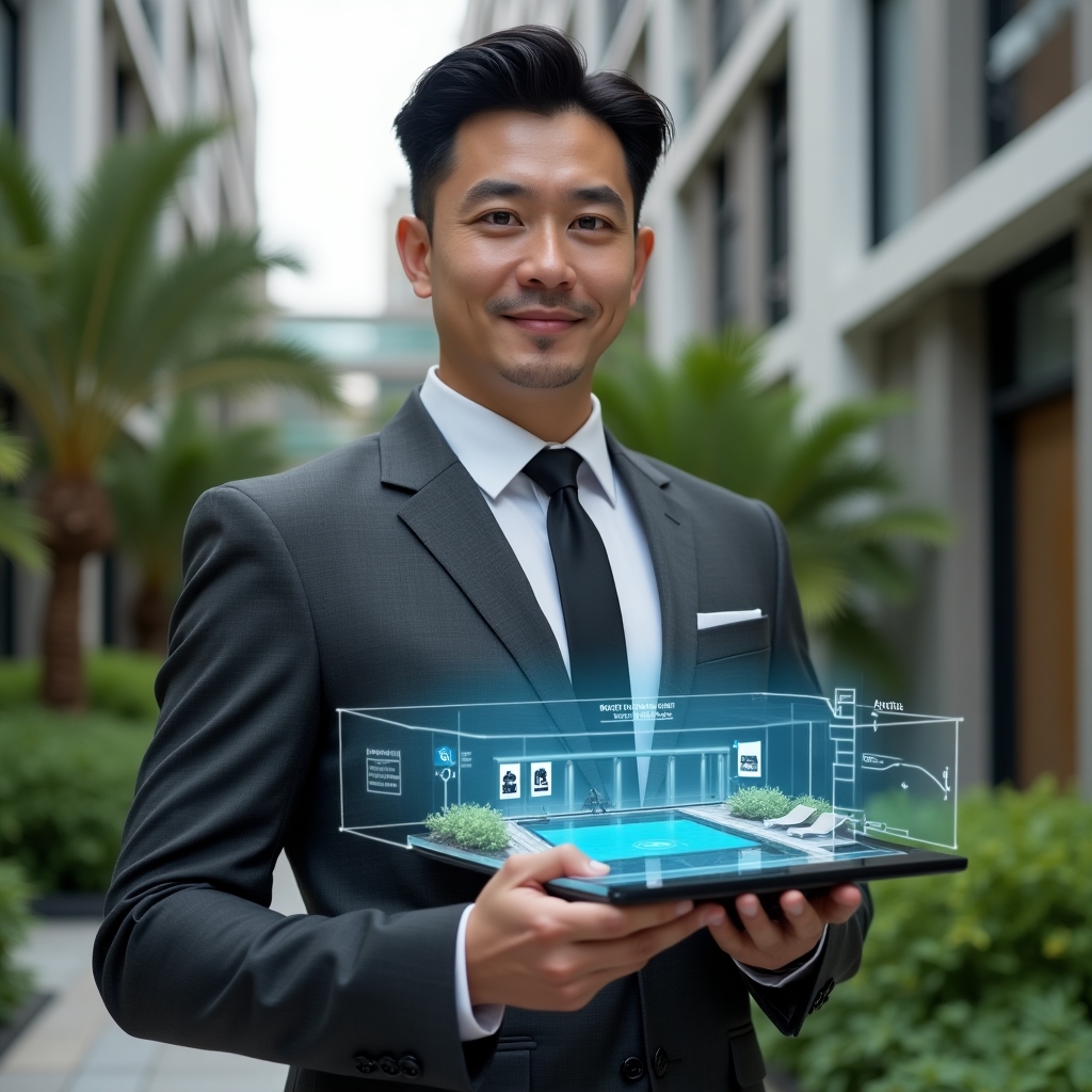 (Ultra-realistic condominium manager in a charcoal gray tailored suit, set in a modern luxury condominium environment with high-rise buildings and lush green landscaping, holding a tablet displaying a holographic layout of common areas with a rules checklist and icons for pool, gym and lounge, confident and approachable expression, cinematic lighting, shallow depth of field, highly detailed textures, realistic skin, photographic realism, 8k resolution --ar 1:1 --v 6)