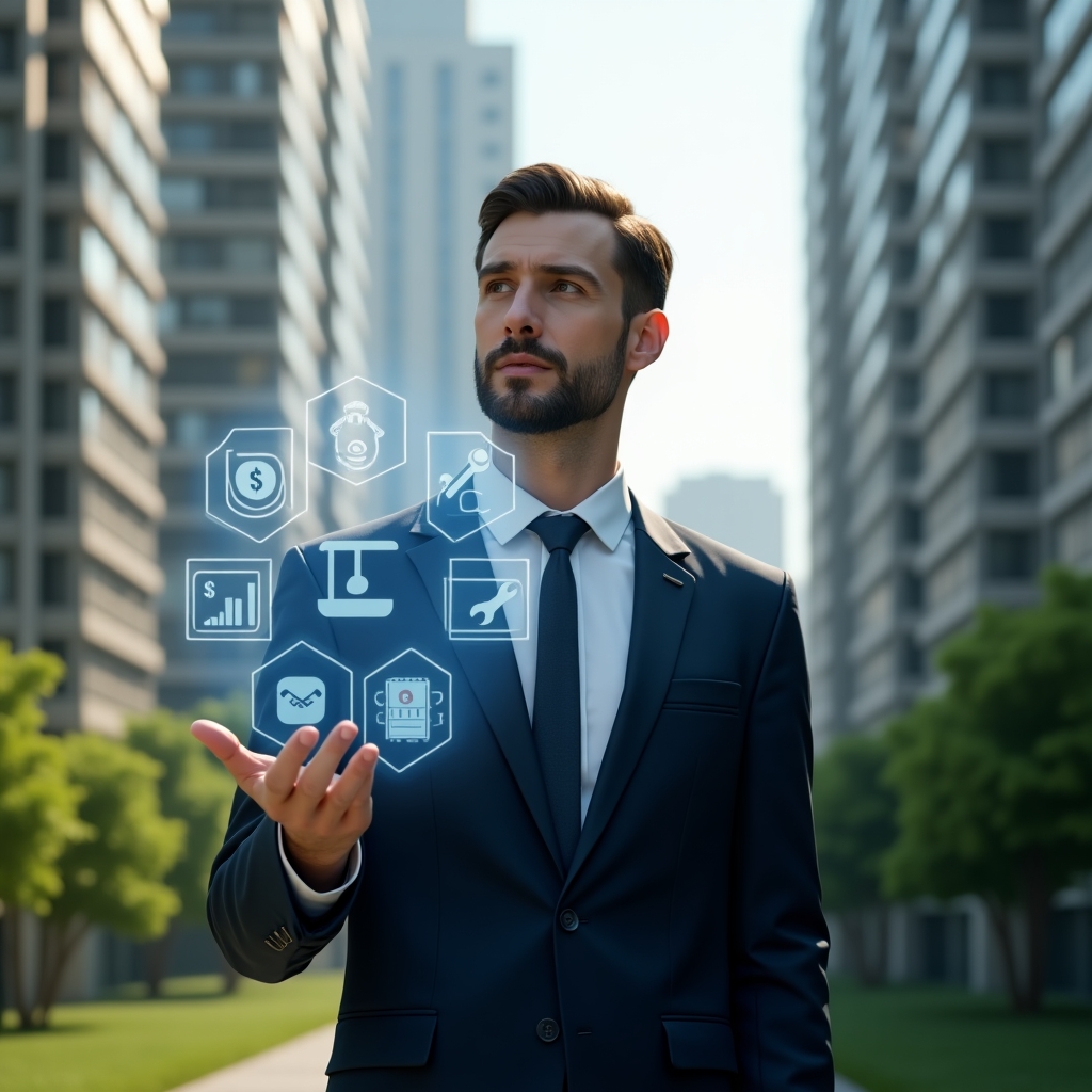 Ultra-realistic condominium manager in a tailored navy suit, set in a modern luxury condominium environment with high-rise buildings and lush green landscaping, engaging with a holographic interface displaying seven symbolic icons—financial chart, chat bubble, wrench, transparency lock, legal gavel, vendor handshake, emergency siren—thoughtful and confident expression, cinematic lighting, shallow depth of field, highly detailed textures, realistic skin, photographic realism, 8k resolution --ar 1:1 --v 6