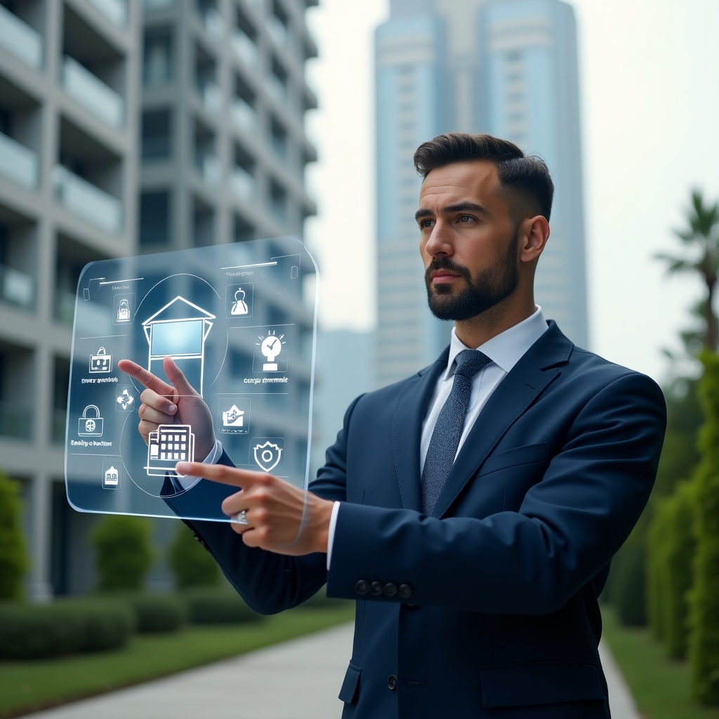 (Ultra-realistic condominium manager in a navy blue suit, set in a modern luxury condominium environment with high-rise buildings and well-manicured green landscaping, pointing at a holographic interface displaying building automation controls and icons for security, energy efficiency, and comfort, confident expression, cinematic lighting, shallow depth of field, highly detailed textures, realistic skin, photographic realism, 8k resolution --ar 1:1 --v 6)