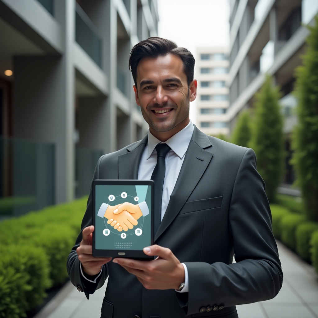 (Ultra-realistic condominium manager in a charcoal gray suit, set in a modern luxury condominium environment with high-rise buildings and manicured green landscaping, medium shot holding a digital tablet displaying community rules icons and a glowing handshake hologram, confident and approachable expression, cinematic lighting, shallow depth of field, highly detailed textures, realistic skin, photographic realism, 8k resolution --ar 1:1 --v 6)