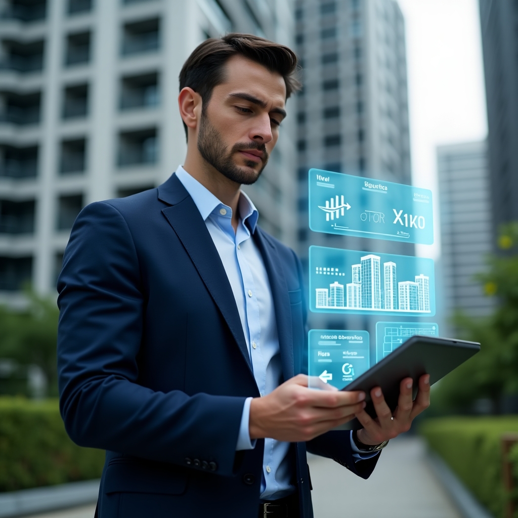 (Ultra-realistic condominium manager in a navy blue suit, set in a modern luxury condominium environment with high-rise buildings and green landscaping, holding a transparent tablet projecting a holographic app interface with building layouts, notifications and efficiency graphs, analyzing the data with a confident, focused expression, cinematic lighting, shallow depth of field, highly detailed textures, realistic skin, photographic realism, 8k resolution --ar 1:1 --v 6)