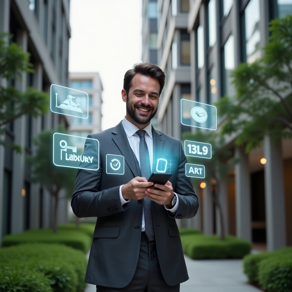 (Ultra-realistic condominium manager in a charcoal gray suit, standing in a modern luxury condominium courtyard with high-rise buildings and manicured green landscaping, holding a smartphone projecting holographic icons of chat bubbles, financial charts, maintenance tools and calendar reminders around him, analyzing the data with a confident smile, cinematic lighting, shallow depth of field, highly detailed textures, realistic skin, photographic realism, 8k resolution --ar 1:1 --v 6)