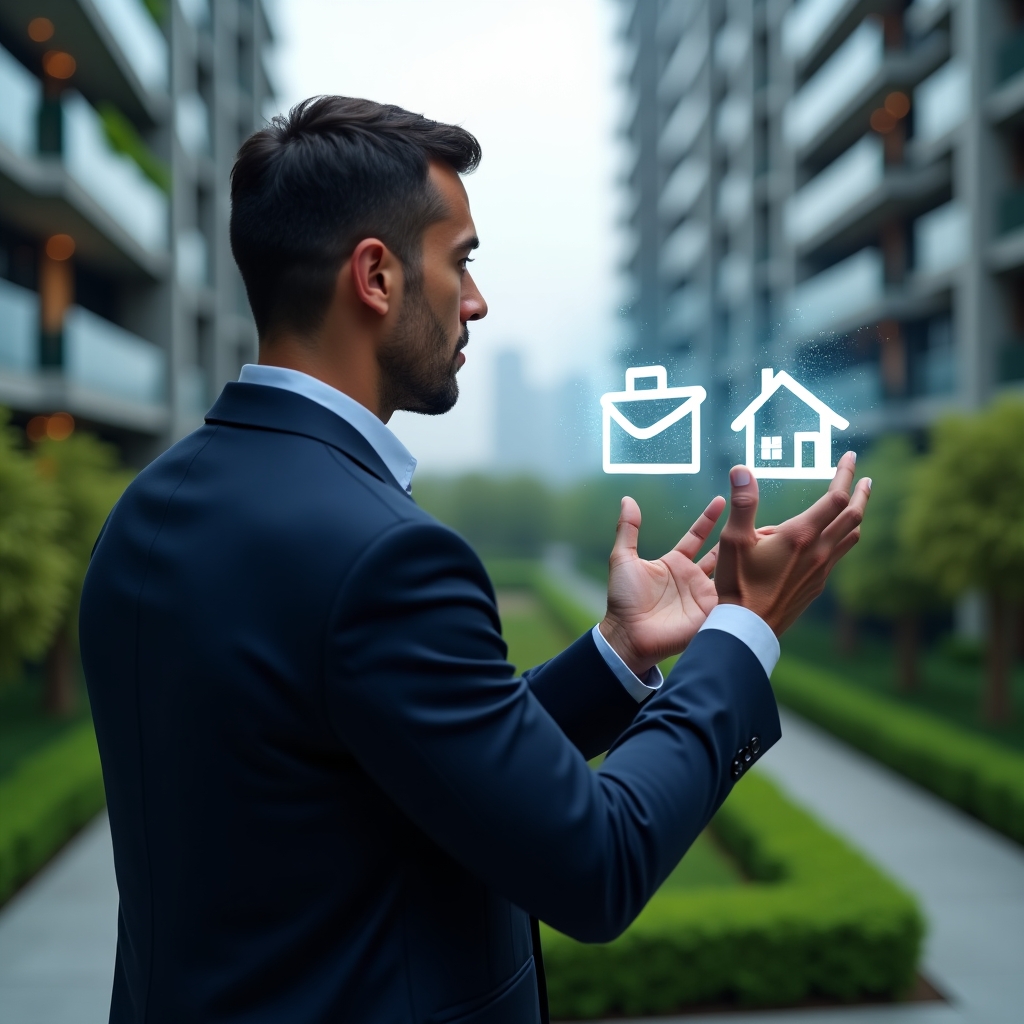 Ultra-realistic professional building manager in a navy suit, set in a modern luxury condominium environment with high-rise buildings and lush green landscaping, looking thoughtfully as he examines floating holographic icons of a briefcase and a house to represent professional vs. resident management, cinematic lighting, shallow depth of field, highly detailed textures, realistic skin, photographic realism, 8k resolution --ar 1:1 --v 6