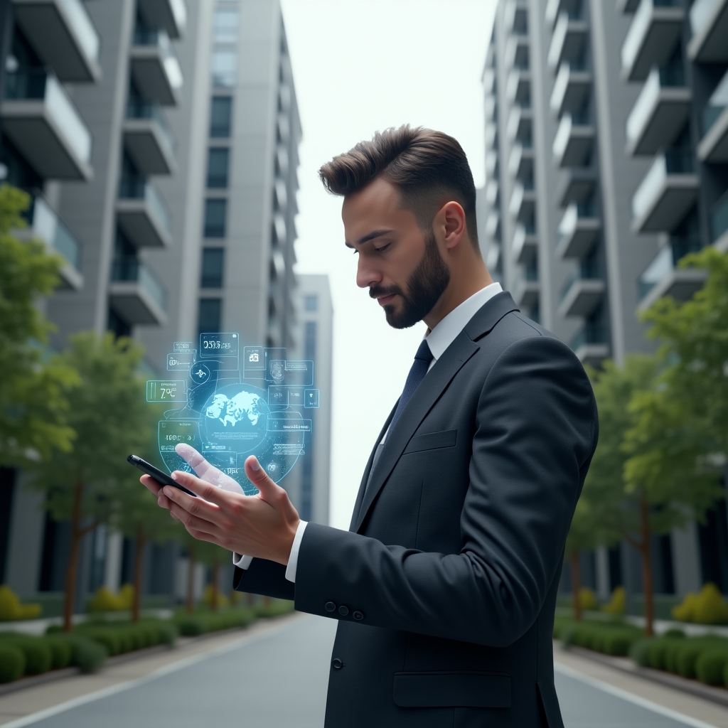 (Ultra-realistic building manager in a tailored charcoal suit, set in a modern luxury condominium environment with high-rise buildings and green landscaping, examining a floating holographic dashboard of IoT sensors, mobile app interface and cloud analytics, with a confident and focused expression, cinematic lighting, shallow depth of field, highly detailed textures, realistic skin, photographic realism, 8k resolution --ar 1:1 --v 6)