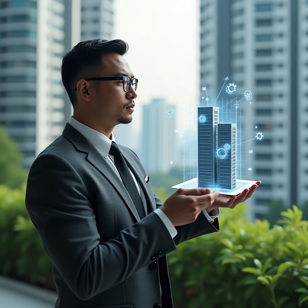 Ultra-realistic professional condominium manager in a charcoal gray tailored suit, set in a modern luxury condominium environment with high-rise towers and lush green landscaping, medium shot of a thoughtful manager examining a holographic contract and floating building model with icons of checklist and gears symbolizing outsourcing decisions, cinematic lighting, shallow depth of field, highly detailed textures, realistic skin, photographic realism, 8k resolution --ar 1:1 --v 6