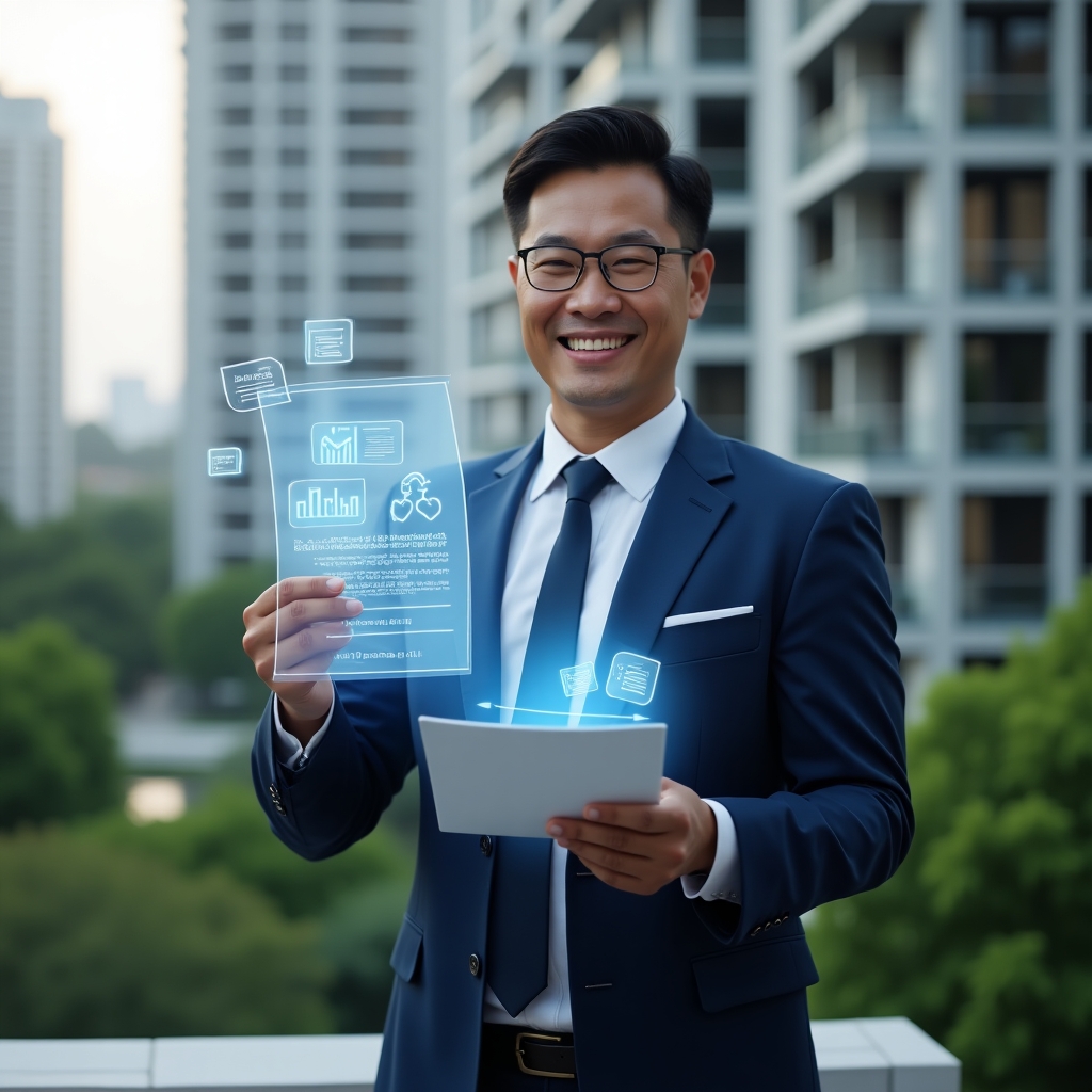 (Ultra-realistic condominium manager in a navy blue suit, set in a modern luxury condominium environment with high-rise buildings and lush green landscaping, holding a transparent holographic financial report and smiling confidently as they analyze interactive charts, holographic icons of documents and graphs floating around, cinematic lighting, shallow depth of field, highly detailed textures, realistic skin, photographic realism, 8k resolution --ar 1:1 --v 6)