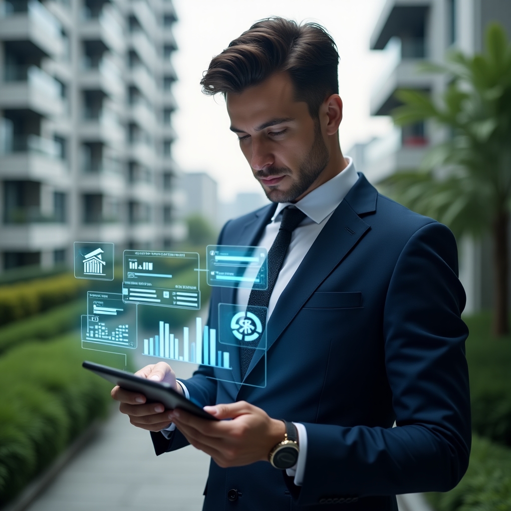 Ultra-realistic condominium manager in a tailored navy blue suit, set in a modern luxury condominium environment with high-rise buildings and lush green landscaping, examining a digital tablet displaying holographic financial charts and communication icons, appearing confident and thoughtful, with floating AR symbols of graphs and messaging bubbles, cinematic lighting, shallow depth of field, highly detailed textures, realistic skin, photographic realism, 8k resolution --ar 1:1 --v 6