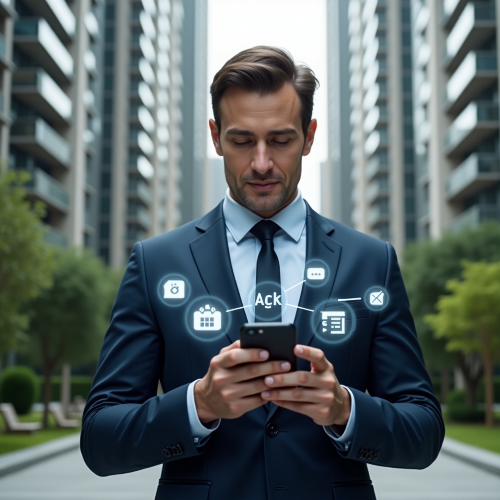 Ultra-realistic condominium manager in a sleek dark blue suit, set in a modern luxury condominium environment with high-rise buildings and lush green landscaping, holding a smartphone displaying a scheduling app and interacting with floating holographic icons of calendar, checklist, and chat bubbles, confident and focused expression, cinematic lighting, shallow depth of field, highly detailed textures, realistic skin, photographic realism, 8k resolution --ar 1:1 --v 6