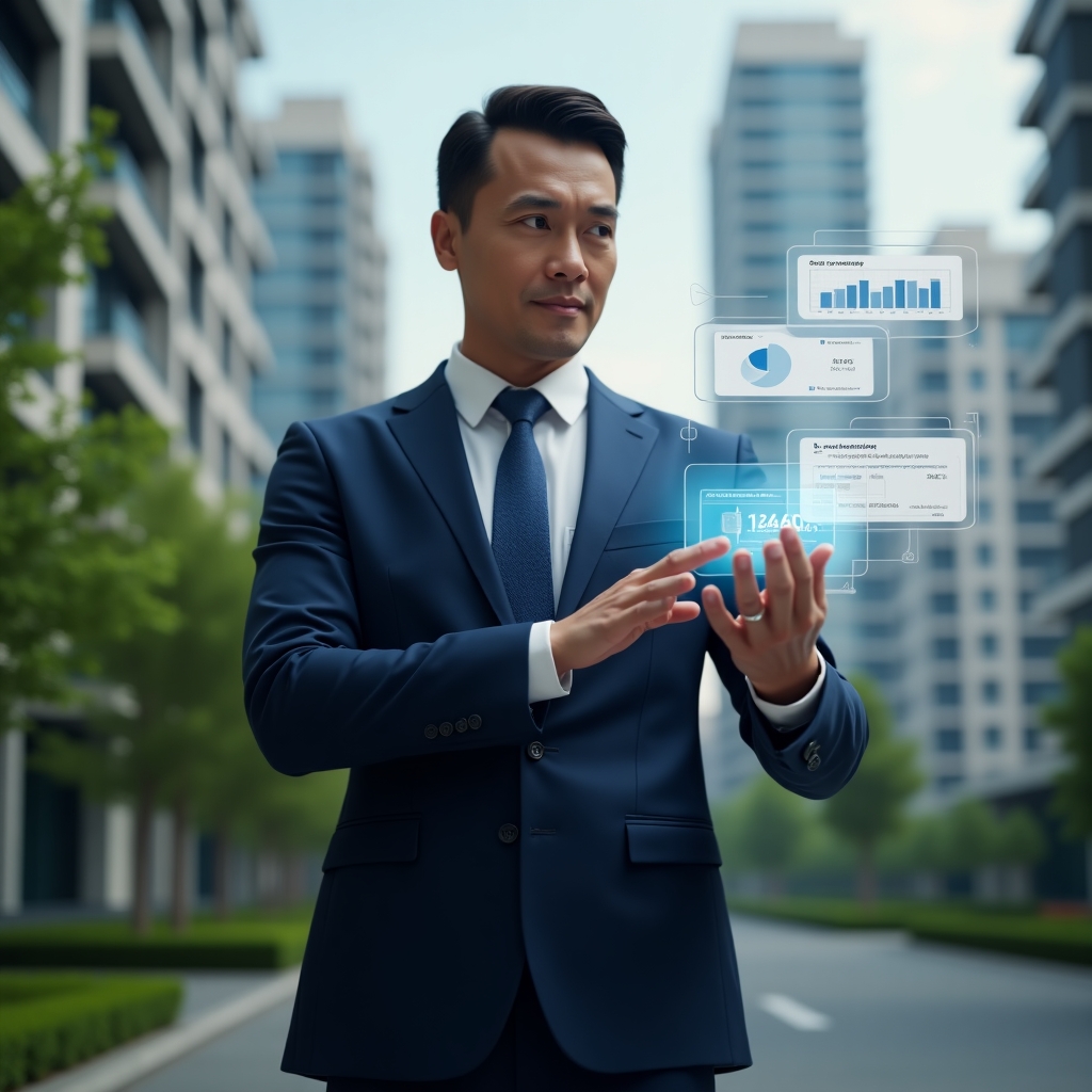 Ultra-realistic condominium manager in a tailored navy suit, medium shot, set in a modern luxury condominium environment with high-rise buildings and meticulously landscaped gardens in the background, interacting with a floating holographic interface showing app icons for real-time chat, space booking and financial dashboards, confident and focused expression, cinematic lighting, shallow depth of field, highly detailed textures, realistic skin, photographic realism, 8k resolution --ar 1:1 --v 6