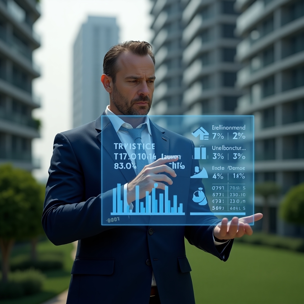 Ultra-realistic condominium manager in a navy blue tailored suit, set in a modern luxury condominium environment with high-rise buildings and lush green landscaping, analyzing a holographic display of fractional ownership percentages and condominium fee breakdown charts, confident and thoughtful expression, cinematic lighting, shallow depth of field, highly detailed textures, realistic skin, photographic realism, 8k resolution --ar 1:1 --v 6