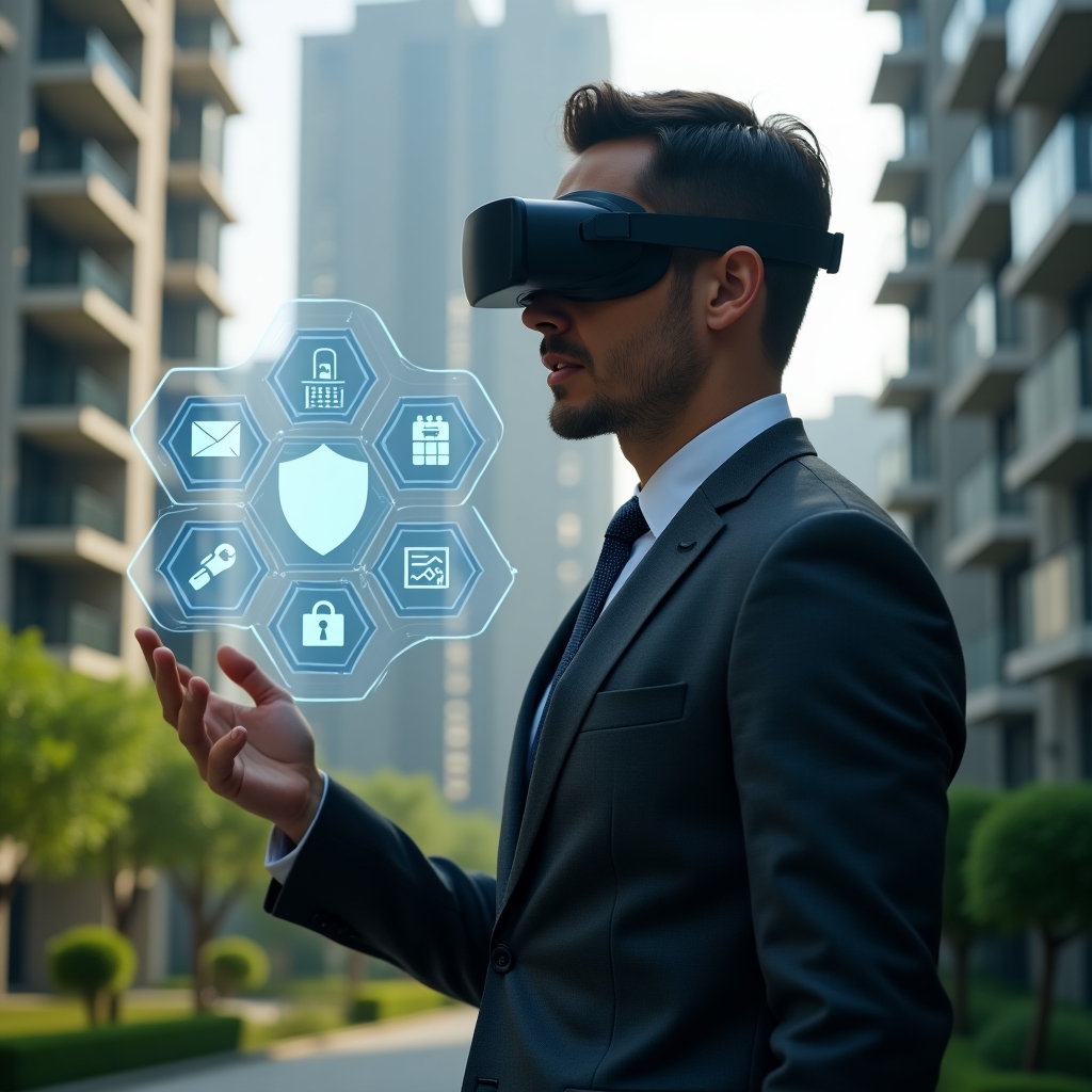 (Ultra-realistic condominium manager in a dark gray tailored suit, set in a modern luxury condominium environment with high-rise buildings and lush green landscaping, medium shot of a confident manager interacting with a floating holographic interface displaying icons for messaging, calendar reservations, financial charts and security shield, cinematic lighting, shallow depth of field, highly detailed textures, realistic skin, photographic realism, 8k resolution --ar 1:1 --v 6)