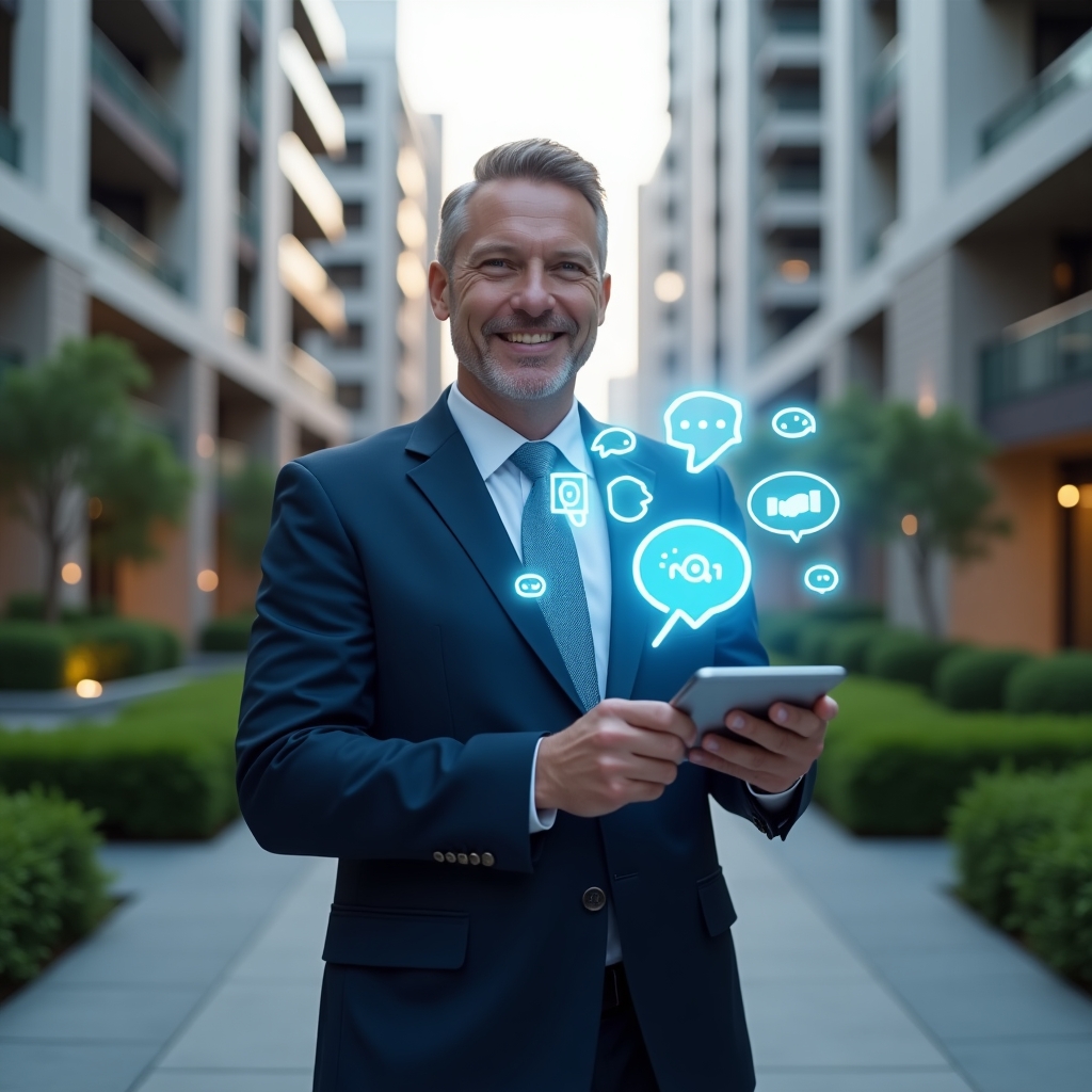 (Ultra-realistic condo manager in a dark blue suit, set in a modern luxury condominium environment with high-rise buildings and manicured green landscaping, smiling confidently while holding a digital tablet displaying glowing holographic chat bubbles and handshake icons symbolizing dialogue, respect, and collaboration among neighbors, cinematic lighting, shallow depth of field, highly detailed textures, realistic skin, photographic realism, 8k resolution --ar 1:1 --v 6)