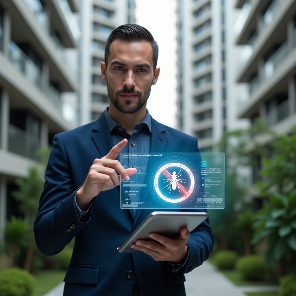 Ultra-realistic property manager in a navy suit, set in a modern luxury condominium environment with high-rise buildings and lush green landscaping, holding a tablet displaying a mosquito elimination dashboard, confidently pointing at a holographic Aedes aegypti icon with a red “no” symbol, cinematic lighting, shallow depth of field, highly detailed textures, realistic skin, photographic realism, 8k resolution --ar 1:1 --v 6