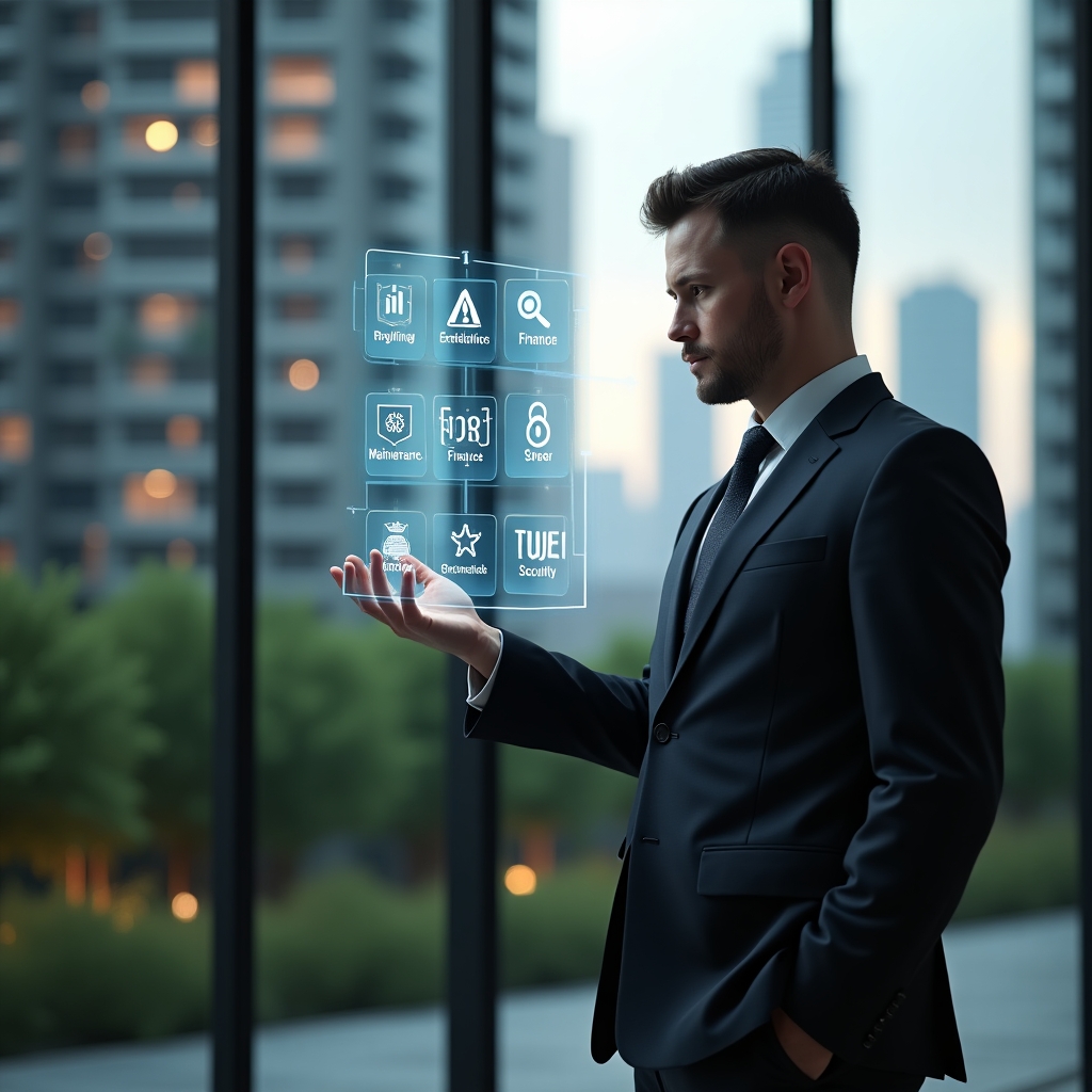 Ultra-realistic professional condominium manager in a tailored dark suit, standing in a modern luxury condominium environment with high-rise buildings and manicured greenery, examining a floating holographic interface displaying warning icons for maintenance, finance, communication, security and digital tools, cinematic lighting, shallow depth of field, highly detailed textures, realistic skin, photographic realism, 8k resolution --ar 1:1 --v 6
