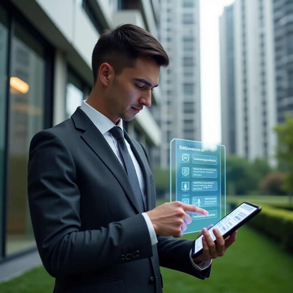 Ultra-realistic condominium manager in a tailored dark gray suit, set in a modern luxury condominium environment with high-rise buildings and green landscaping, inspecting a holographic app interface on a tablet that displays icons for communication, finance, maintenance, and security, confidently pointing at a digital checklist that highlights common management errors, cinematic lighting, shallow depth of field, highly detailed textures, realistic skin, photographic realism, 8k resolution --ar 1:1 --v 6