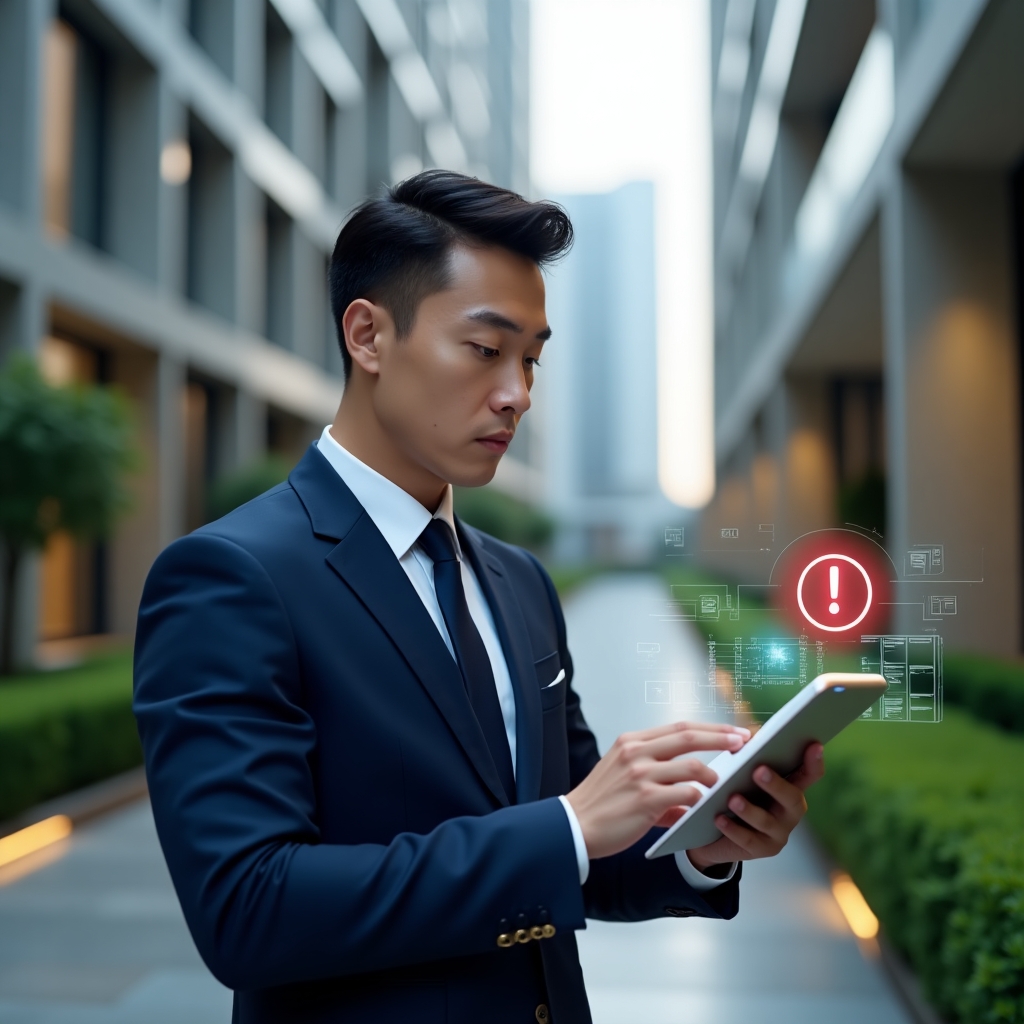 Ultra-realistic professional condominium manager in a navy blue tailored suit, set in a modern luxury condominium environment with high-rise buildings and manicured green landscaping, reviewing a digital tablet while holographic charts and red exclamation icons float beside him to symbolize common management errors, confident and focused expression, cinematic lighting, shallow depth of field, highly detailed textures, realistic skin, photographic realism, 8k resolution --ar 1:1 --v 6