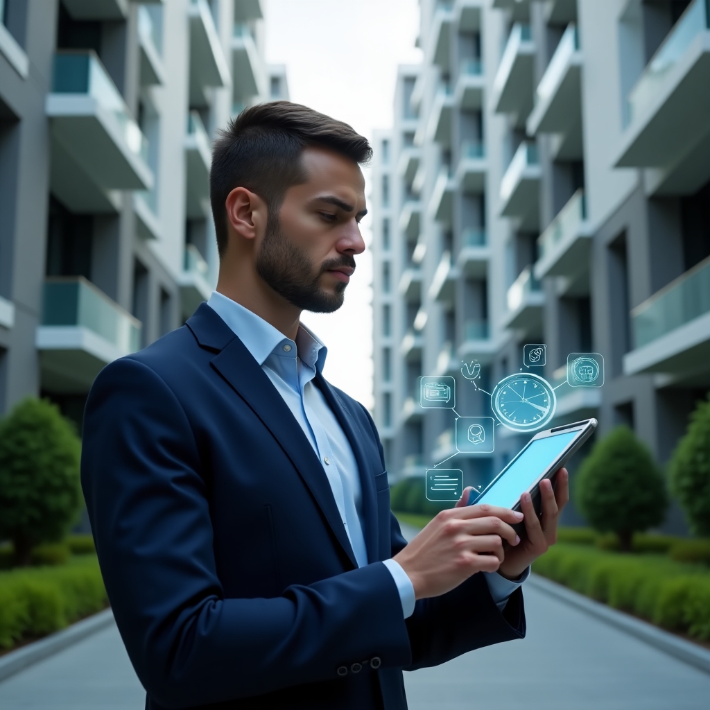 Ultra-realistic condominium manager in a navy blue business suit, set in a modern luxury condominium environment with high-rise buildings and lush green landscaping, confidently analyzing a holographic interface of myth icons and efficiency graphs on a tablet, floating holographic checkmarks and warning symbols around, cinematic lighting, shallow depth of field, highly detailed textures, realistic skin, photographic realism, 8k resolution --ar 1:1 --v 6