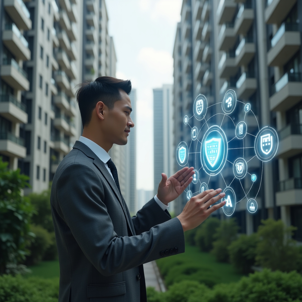 Ultra-realistic condominium manager in a charcoal gray suit, set in a modern luxury condominium environment with high-rise buildings and lush green landscaping, confidently interacting with a floating holographic dashboard that crosses out common management myths, holographic icons of security shields and calendar symbols orbiting the interface, cinematic lighting, shallow depth of field, highly detailed textures, realistic skin, photographic realism, 8k resolution --ar 1:1 --v 6