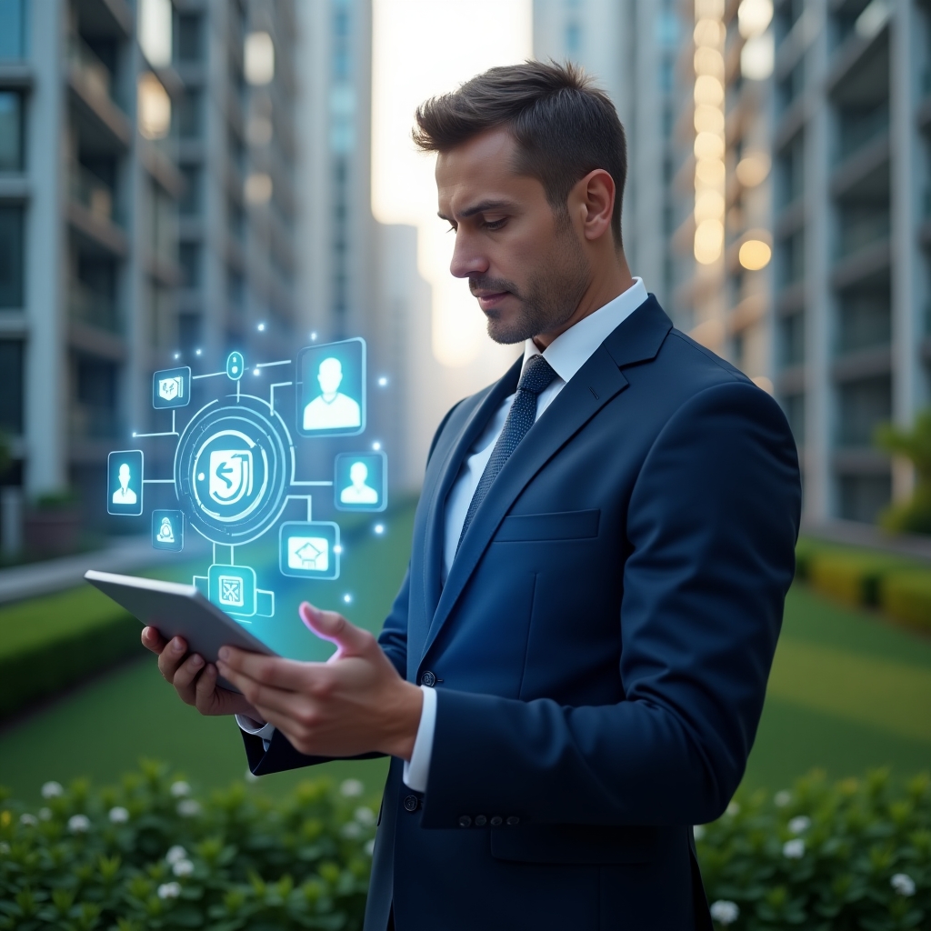 Ultra-realistic condominium manager in a navy blue suit, set in a modern luxury condominium environment with high-rise buildings and lush green landscaping, confidently holding a tablet displaying floating holographic app interface icons for communication, security, and finance management, analyzing digital data with a focused expression, cinematic lighting, shallow depth of field, highly detailed textures, realistic skin, photographic realism, 8k resolution --ar 1:1 --v 6