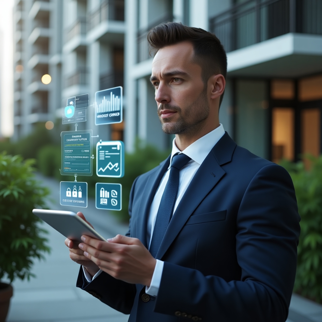 (Ultra-realistic condominium manager in a navy suit, set in a modern luxury condominium environment with high-rise buildings and lush green landscaping, holding a transparent digital tablet displaying floating holographic icons of calendar reservations, finance graphs, access control locks and maintenance requests, confident and thoughtful expression, cinematic lighting, shallow depth of field, highly detailed textures, realistic skin, photographic realism, 8k resolution --ar 1:1 --v 6)