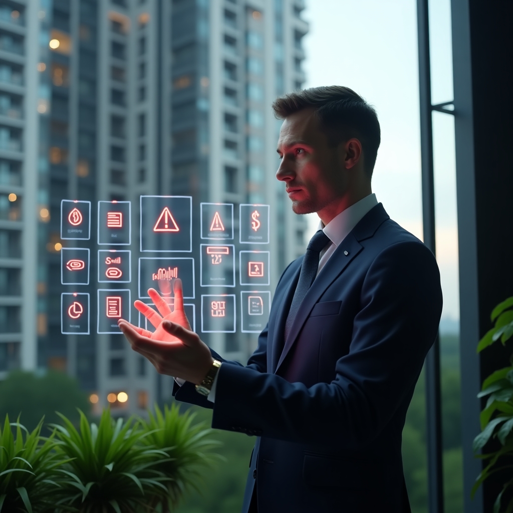 Ultra-realistic condominium administrator in a tailored navy suit, set in a modern luxury condominium environment with high-rise towers and lush green landscaping, examining a holographic dashboard displaying red warning icons, balance sheets and bar charts that symbolize alert signs in building management, expression thoughtful and determined, cinematic lighting, shallow depth of field, highly detailed textures, realistic skin, photographic realism, 8k resolution --ar 1:1 --v 6