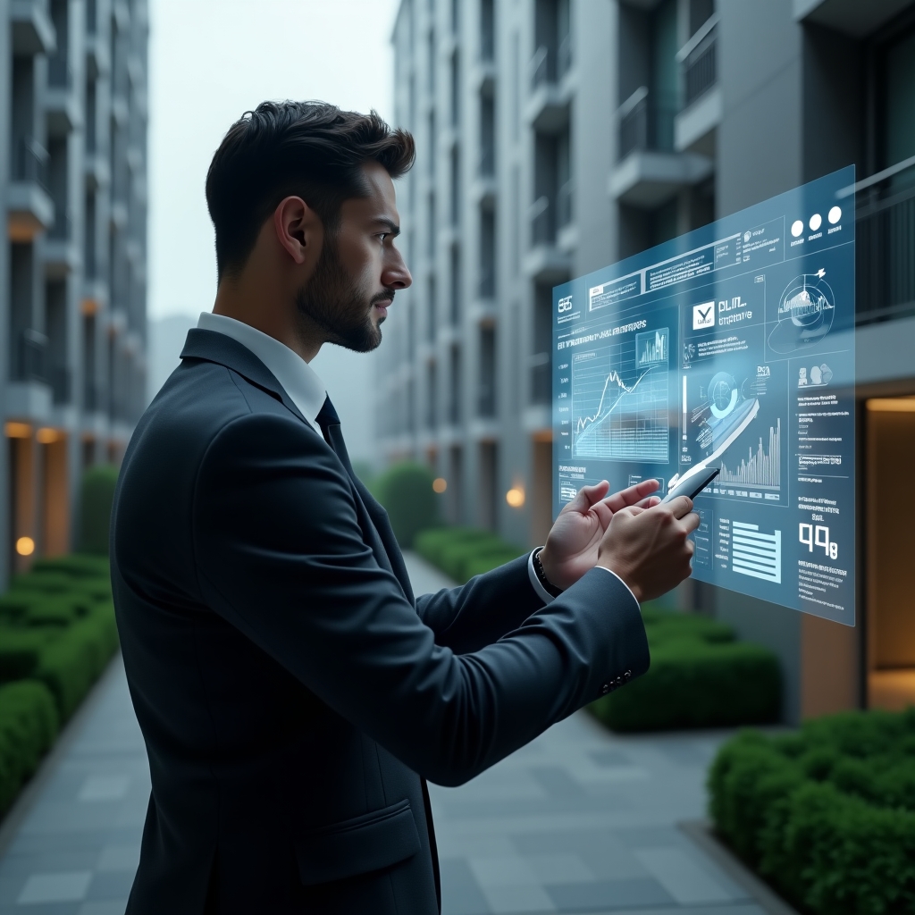 Ultra-realistic condominium manager in a dark gray business suit, set in a modern luxury condominium environment with high-rise buildings and manicured green landscaping, medium shot of the manager interacting with a holographic dashboard showing alert icons, financial graphs and maintenance notifications, focused and confident expression conveying urgency and analysis, cinematic lighting, shallow depth of field, highly detailed textures, realistic skin, photographic realism, 8k resolution --ar 1:1 --v 6