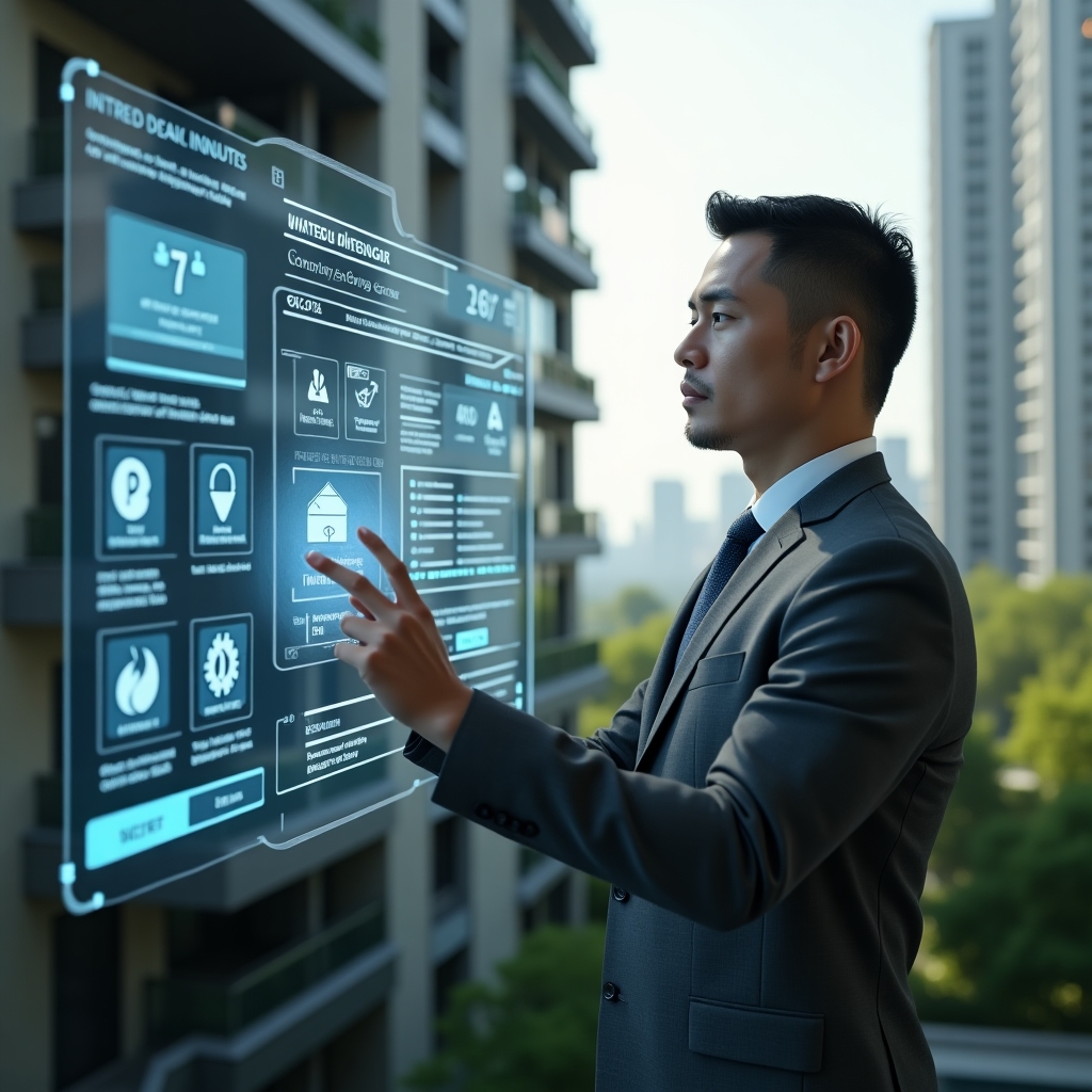 (Ultra-realistic condominium manager in a charcoal grey executive suit, set in a modern luxury condominium environment with high-rise buildings and lush green landscaping, confidently analyzing a transparent holographic dashboard displaying financial alerts, communication icons, task checklists and security symbols, cinematic lighting, shallow depth of field, highly detailed textures, realistic skin, photographic realism, 8k resolution --ar 1:1 --v 6)