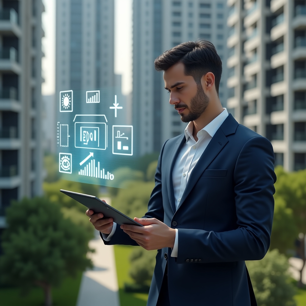 (Ultra-realistic condominium manager in a tailored navy suit, set in a modern luxury condominium environment with high-rise buildings and lush green landscaping, medium shot of the manager holding a tablet and analyzing a floating holographic financial chart with icons of energy, money, and graphs symbolizing cost reduction, confident and focused expression, cinematic lighting, shallow depth of field, highly detailed textures, realistic skin, photographic realism, 8k resolution --ar 1:1 --v 6)