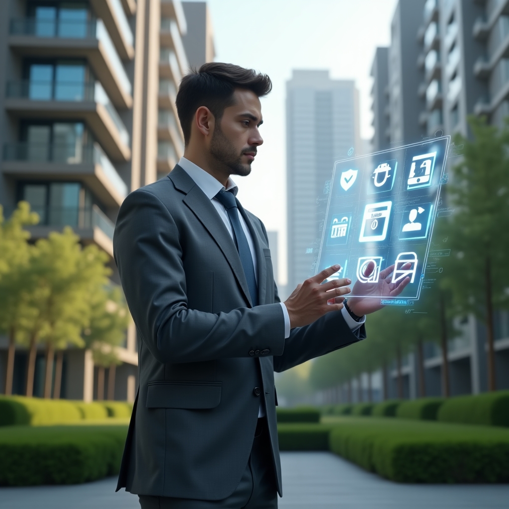 (Ultra-realistic condominium manager in a charcoal gray suit, set in a modern luxury condominium environment with high-rise buildings and well-manicured green landscaping, standing in a medium shot while interacting with a holographic condominium management dashboard displaying icons for messaging, financial charts, and security access control, confident expression, cinematic lighting, shallow depth of field, highly detailed textures, realistic skin, photographic realism, 8k resolution --ar 1:1 --v 6)