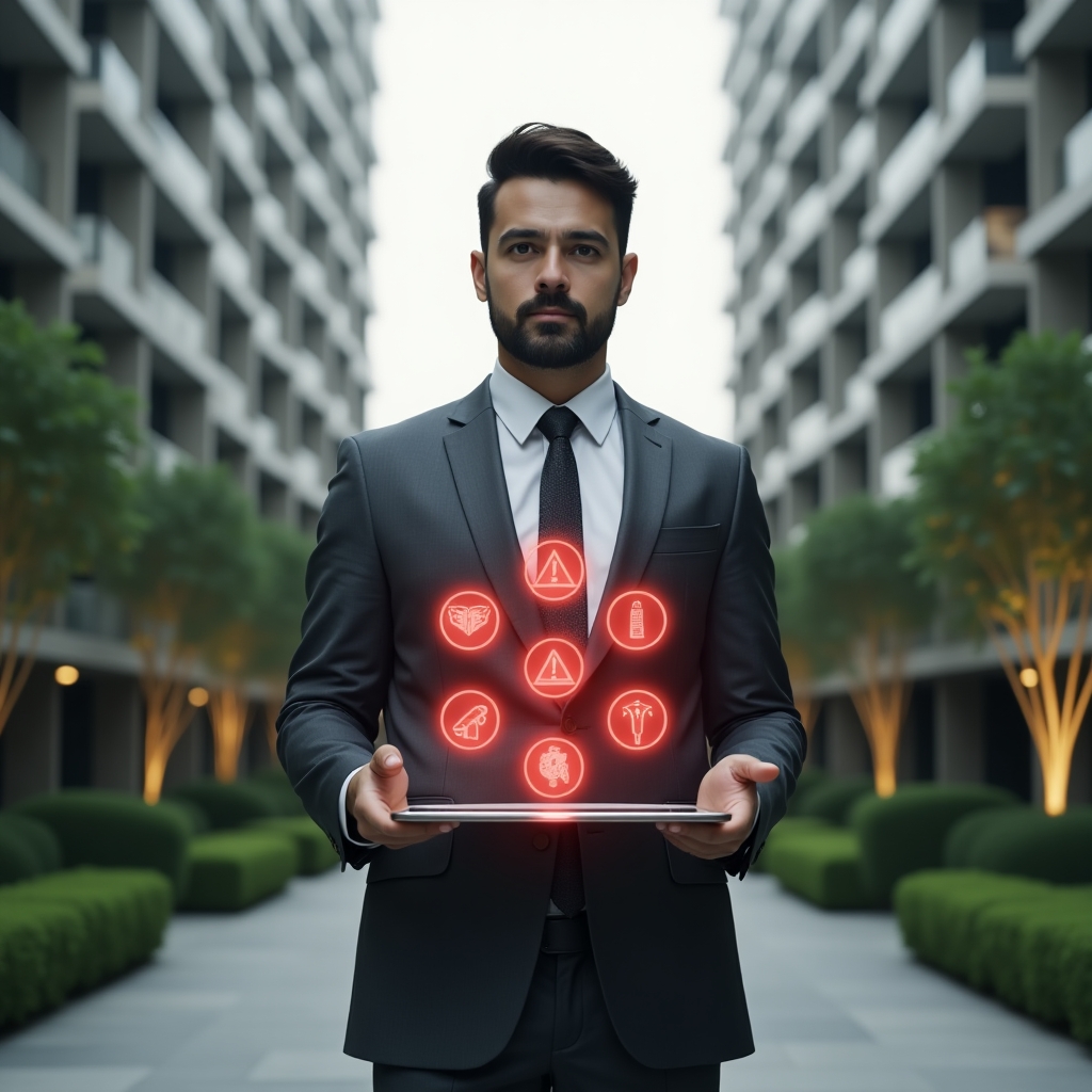 Ultra-realistic professional condominium manager in a charcoal gray suit, set in a modern luxury condominium environment with high-rise buildings and lush green landscaping, mid-shot of the manager looking confident and thoughtful while interacting with a holographic interface displaying seven red warning icons symbolizing the deadly sins of condo management, cinematic lighting, shallow depth of field, highly detailed textures, realistic skin, photographic realism, 8k resolution --ar 1:1 --v 6