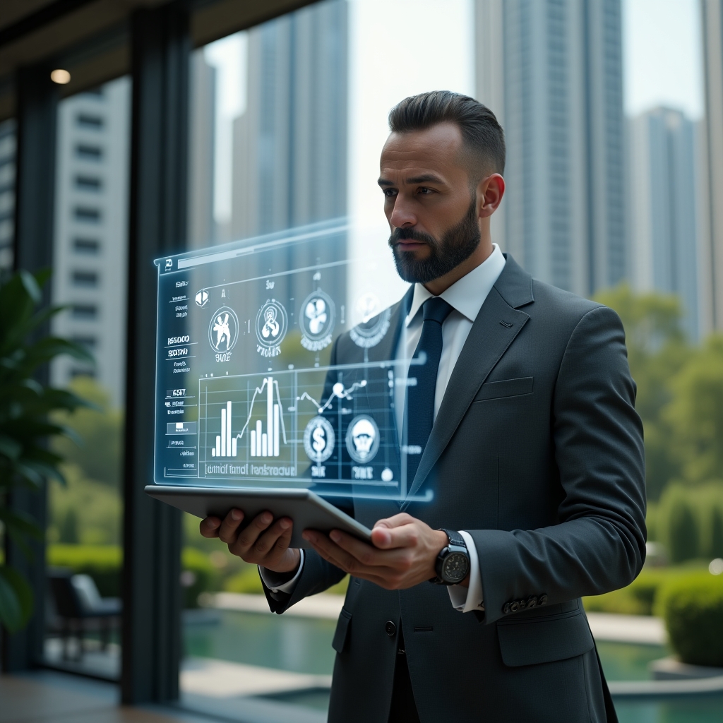 (Ultra-realistic condominium manager in a charcoal gray business suit, set in a modern luxury condominium environment with high-rise buildings and lush green landscaping, medium shot of the manager analyzing floating holographic icons of the seven deadly sins over a digital financial dashboard, expression focused and confident, cinematic lighting, shallow depth of field, highly detailed textures, realistic skin, photographic realism, 8k resolution --ar 1:1 --v 6)