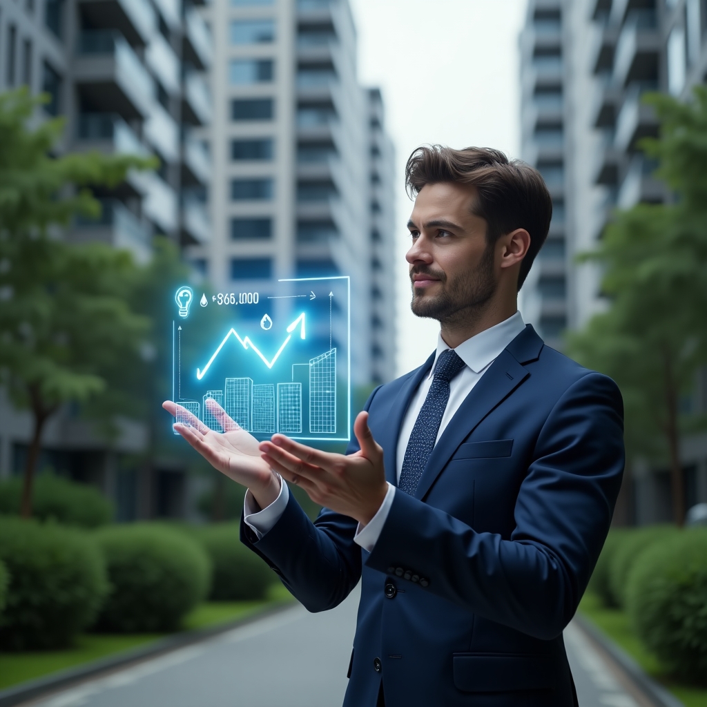(Ultra-realistic condominium manager in a tailored navy suit, set in a modern luxury condominium environment with high-rise buildings and lush green landscaping, medium shot of the professional confidently reviewing a floating hologram of financial charts with downward cost arrows, LED lightbulb and water drop icons symbolizing energy and water savings, cinematic lighting, shallow depth of field, highly detailed textures, realistic skin, photographic realism, 8k resolution --ar 1:1 --v 6)