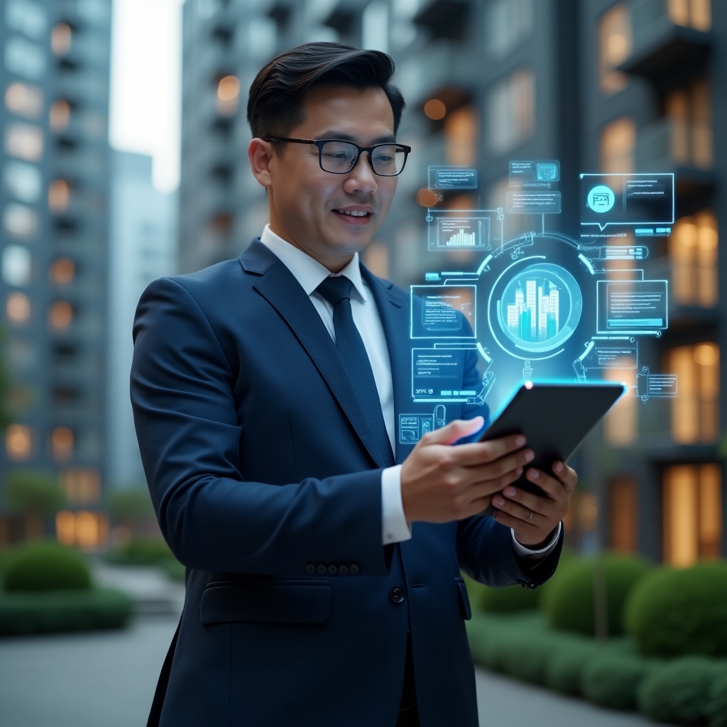 (Ultra-realistic condominium manager in a sleek navy blue suit, set in a modern luxury condominium environment with high-rise buildings and manicured green landscaping, confidently analyzing a holographic app dashboard projected from a tablet—with floating icons symbolizing notifications, financial charts and maintenance requests—cinematic lighting, shallow depth of field, highly detailed textures, realistic skin, photographic realism, 8k resolution --ar 1:1 --v 6)