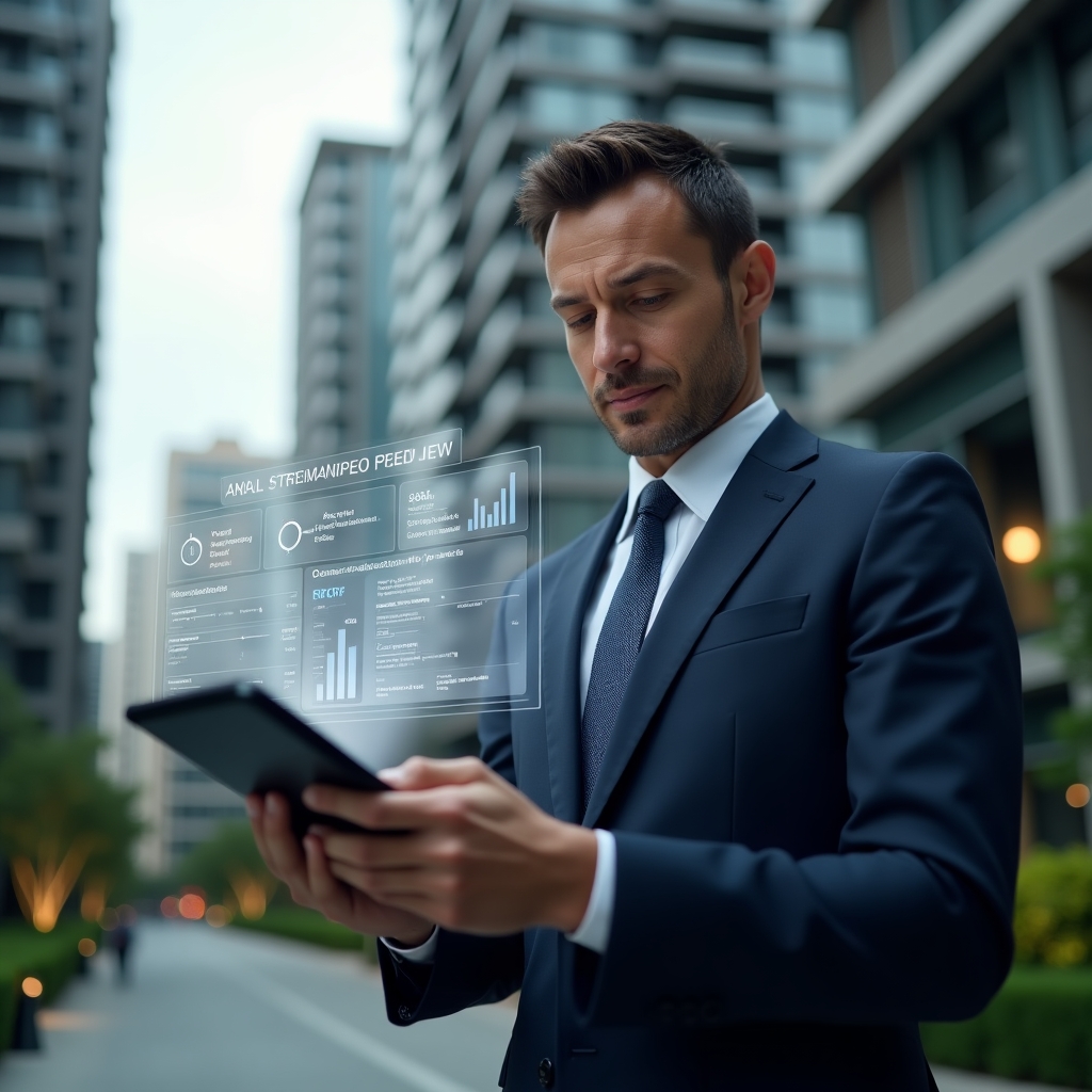 (Ultra-realistic property manager in a navy blue suit, set in a modern luxury condominium environment with high-rise buildings and green landscaping, holding a holographic tablet interface displaying app icons, data charts and calendar alerts, analyzing with a confident expression, floating UI elements symbolizing an urgent management app, cinematic lighting, shallow depth of field, highly detailed textures, realistic skin, photographic realism, 8k resolution --ar 1:1 --v 6)