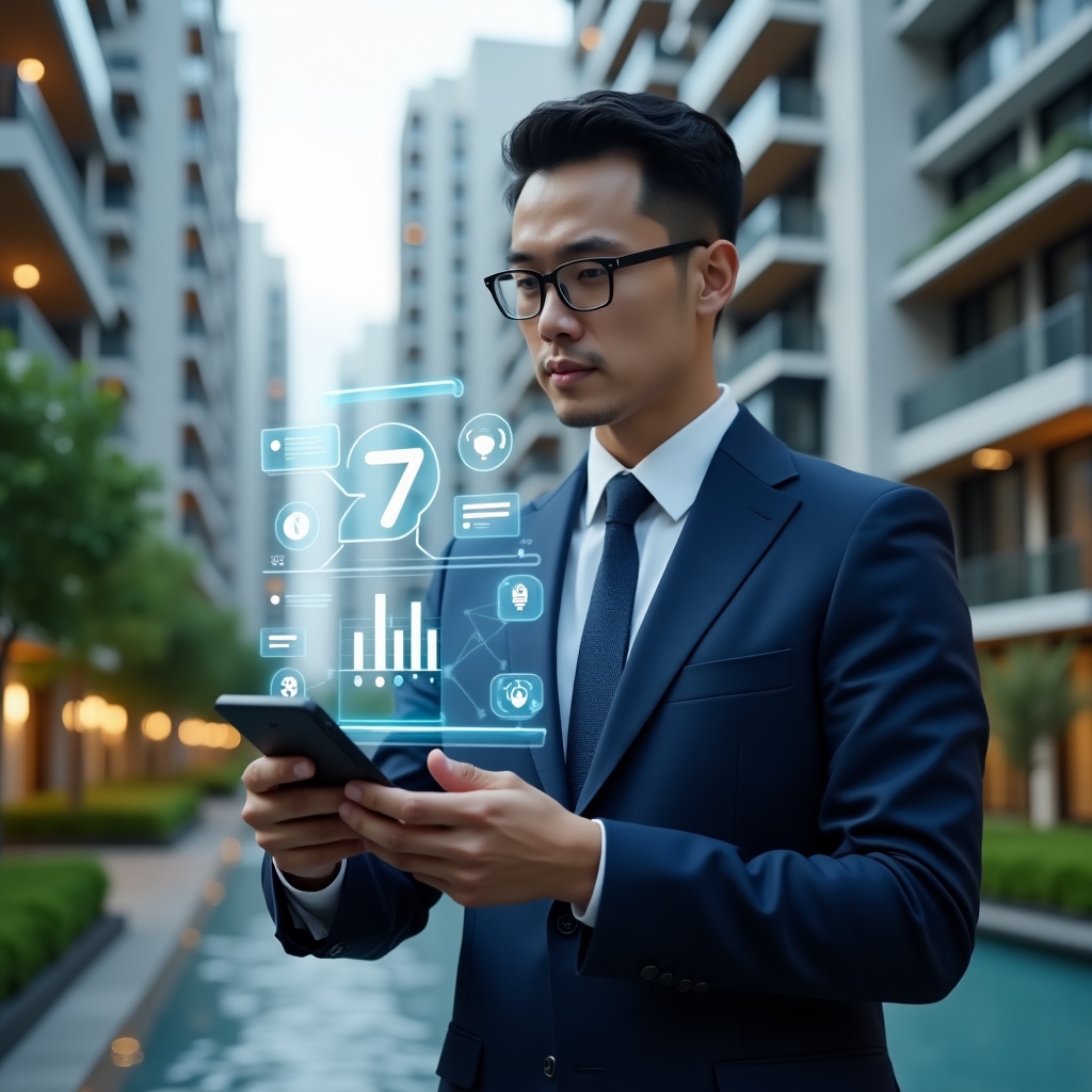 (Ultra-realistic condominium manager in a navy blue tailored suit, set in a modern luxury condominium environment with high-rise buildings and lush green landscaping, analyzing a floating holographic interface with a glowing “7” and icons for chat bubbles, financial charts, calendar alerts and maintenance tools, cinematic lighting, shallow depth of field, highly detailed textures, realistic skin, photographic realism, 8k resolution --ar 1:1 --v 6)