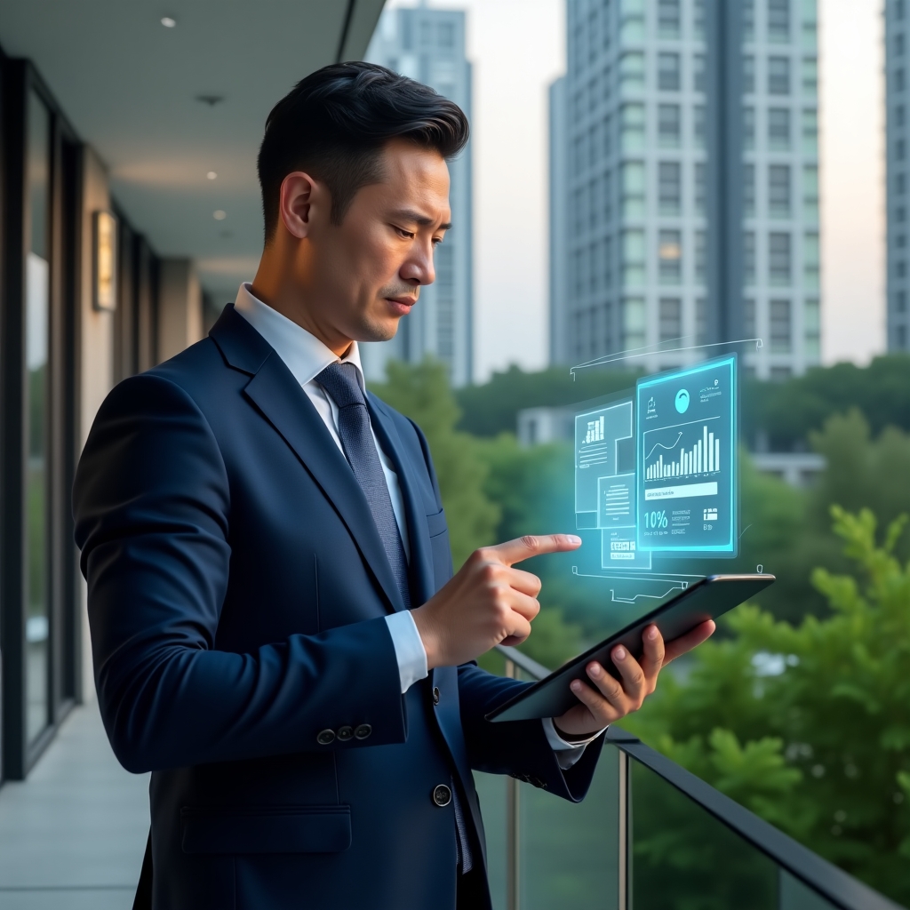 Ultra-realistic condominium manager in a navy blue suit, set in a modern luxury condominium environment with high-rise buildings and lush green landscaping, holding a tablet projecting a holographic **aplicativo de gestão** interface with performance charts and visitor logs, confidently pointing at floating **aplicativo para condomínio** icons, cinematic lighting, shallow depth of field, highly detailed textures, realistic skin, photographic realism, 8k resolution --ar 1:1 --v 6