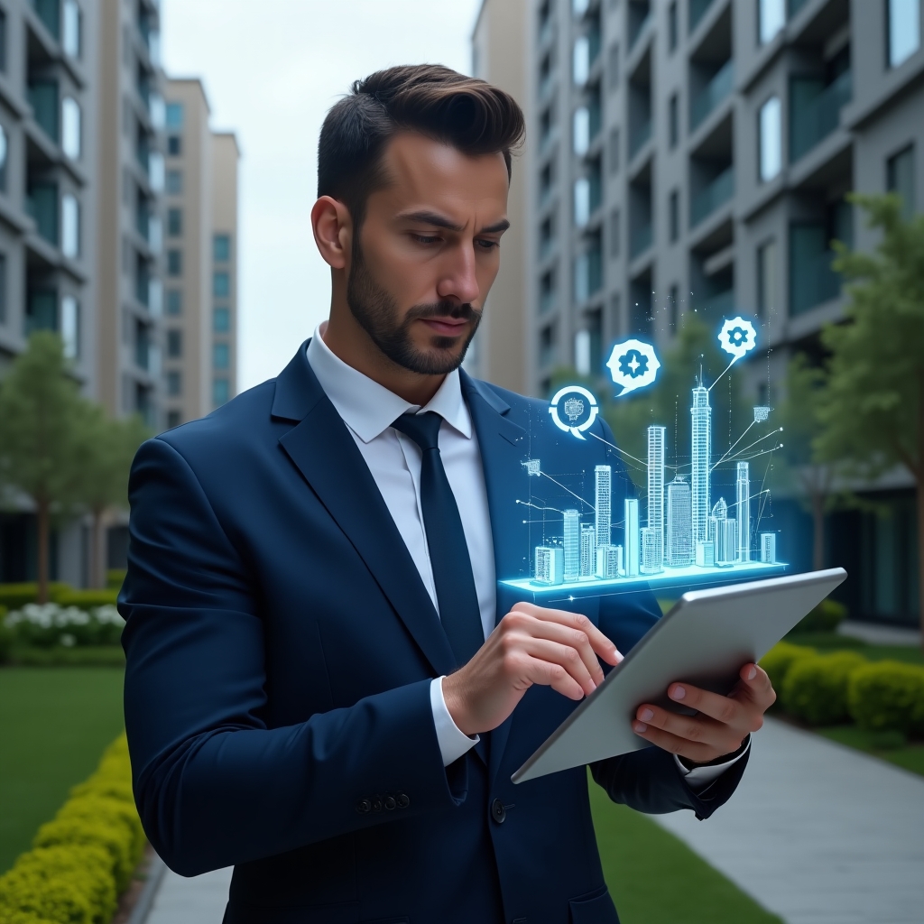 (Ultra-realistic condominium manager in a navy blue suit, set in a modern luxury condominium environment with high-rise buildings and manicured green landscaping, analyzing a holographic digital dashboard with colorful KPI graphs floating above a tablet, holographic icons of buildings, chat bubbles and gears symbolizing advanced management, confident and focused expression, cinematic lighting, shallow depth of field, highly detailed textures, realistic skin, photographic realism, 8k resolution --ar 1:1 --v 6)