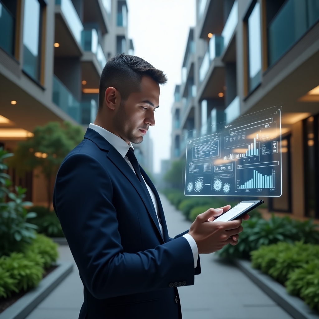 Ultra-realistic property manager in a dark navy blue tailored suit, set in a modern luxury condominium environment with high-rise buildings and lush green landscaping, mid-shot holding a tablet projecting floating holographic dashboards and icons (gears, charts, calendar, chat bubbles) while analyzing data with a confident, focused expression, cinematic lighting, shallow depth of field, highly detailed textures, realistic skin, photographic realism, 8k resolution --ar 1:1 --v 6