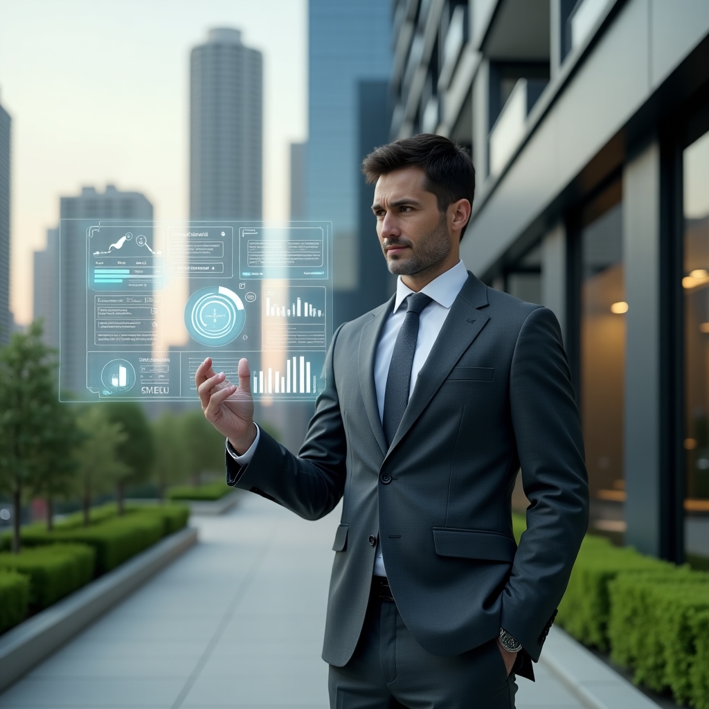 Ultra-realistic condominium manager in a tailored charcoal gray suit, set in a modern luxury condominium environment with high-rise glass towers and manicured green landscaping, mid shot of a professional confidently interacting with a floating holographic condominium management app interface displaying notifications, charts and streamlined workflows, cinematic lighting, shallow depth of field, highly detailed textures, realistic skin, photographic realism, 8k resolution --ar 1:1 --v 6