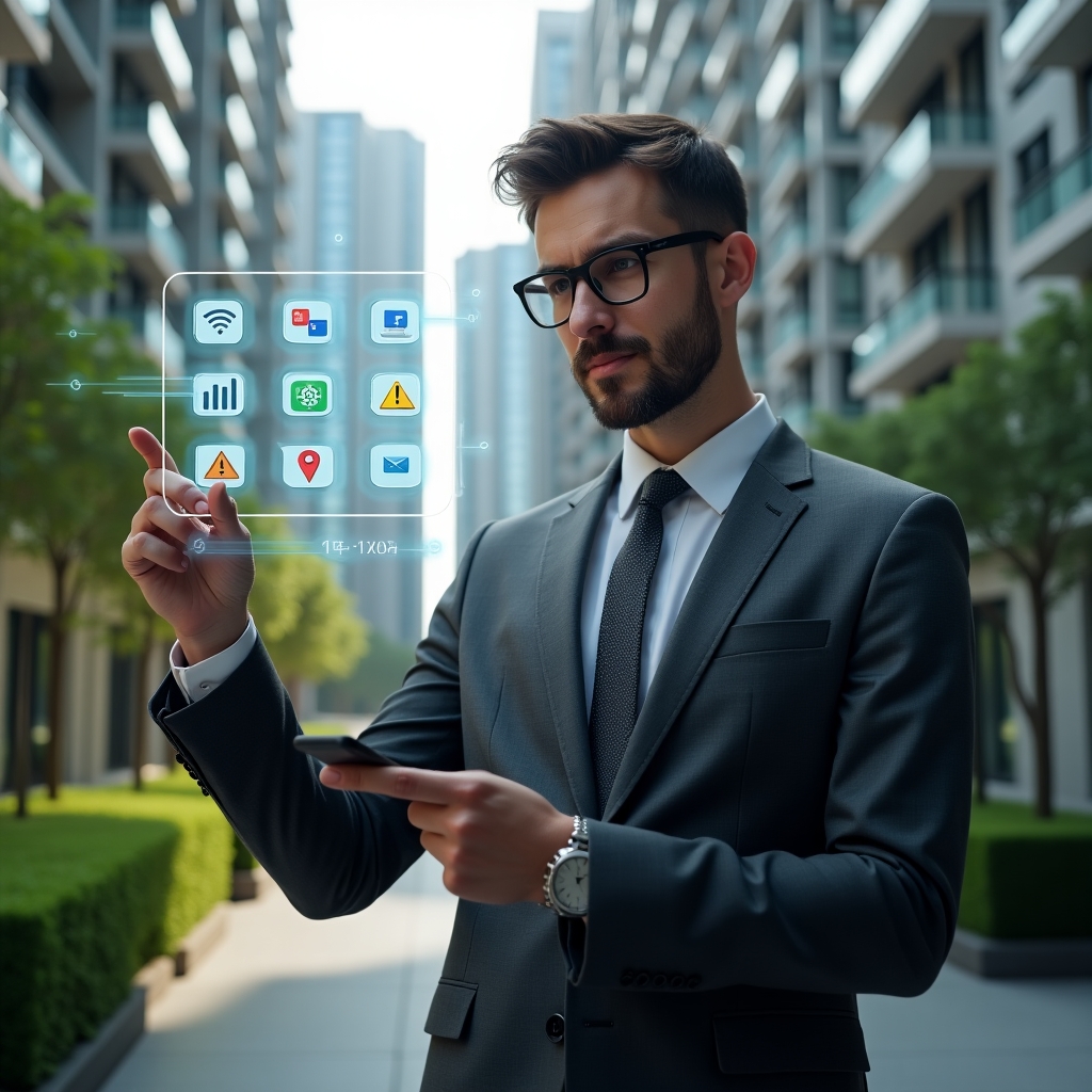 Ultra-realistic condo manager in a charcoal gray tailored suit, set in a modern luxury condominium environment with high-rise buildings and lush green landscaping, reviewing a floating holographic smartphone interface showing management app icons and seven alert symbols, pointing confidently at colorful data charts, cinematic lighting, shallow depth of field, highly detailed textures, realistic skin, photographic realism, 8k resolution --ar 1:1 --v 6