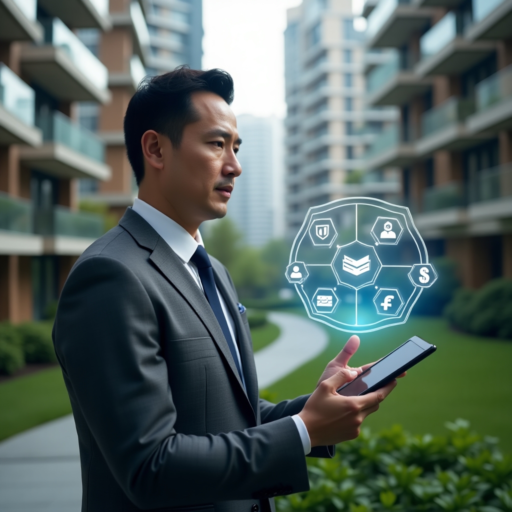(Ultra-realistic property manager in a charcoal-gray executive suit, set in a modern luxury condominium environment with high-rise buildings and manicured green landscaping, holding a tablet displaying a holographic condominium management app interface with floating icons for communication, security and finance, confident and analytical expression, cinematic lighting, shallow depth of field, highly detailed textures, realistic skin, photographic realism, 8k resolution --ar 1:1 --v 6)