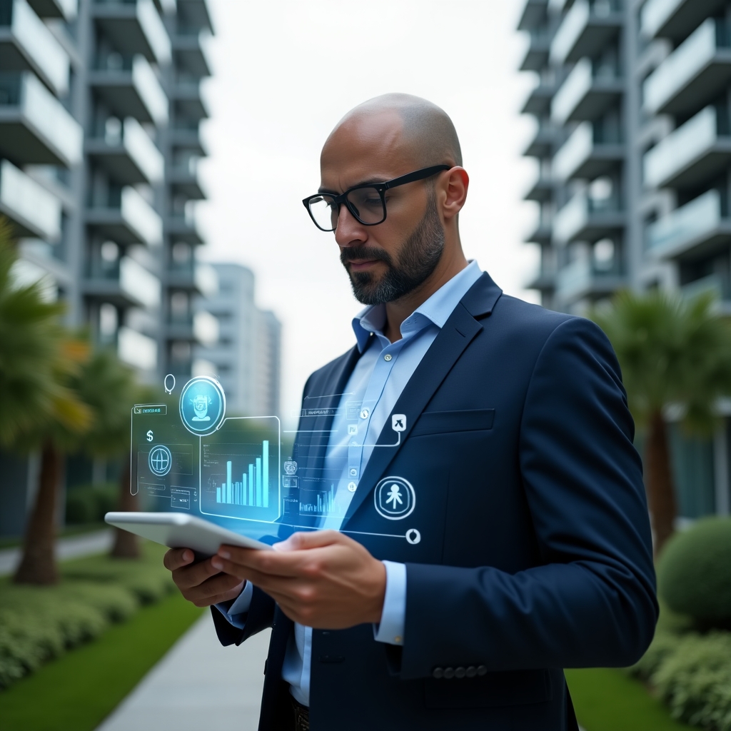 Ultra-realistic property manager in a navy blue suit, set in a modern luxury condominium environment with high-rise buildings and well-manicured green landscaping, holding a digital tablet displaying holographic management data charts with alert icons, analyzing system inefficiencies, thoughtful and confident expression, floating holographic interface elements symbolizing communication, maintenance and financial metrics, cinematic lighting, shallow depth of field, highly detailed textures, realistic skin, photographic realism, 8k resolution --ar 1:1 --v 6