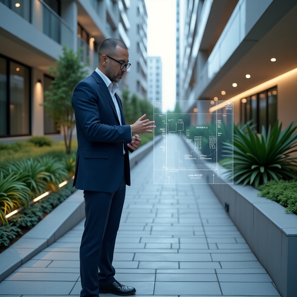 Ultra-realistic condominium manager in a navy blue executive suit, set in a modern luxury condominium environment with high-rise buildings and lush green landscaping, inspecting an accessible ramp with a floating holographic blueprint overlay showing Braille signage and wheelchair paths, confident and thoughtful expression, cinematic lighting, shallow depth of field, highly detailed textures, realistic skin, photographic realism, 8k resolution --ar 1:1 --v 6