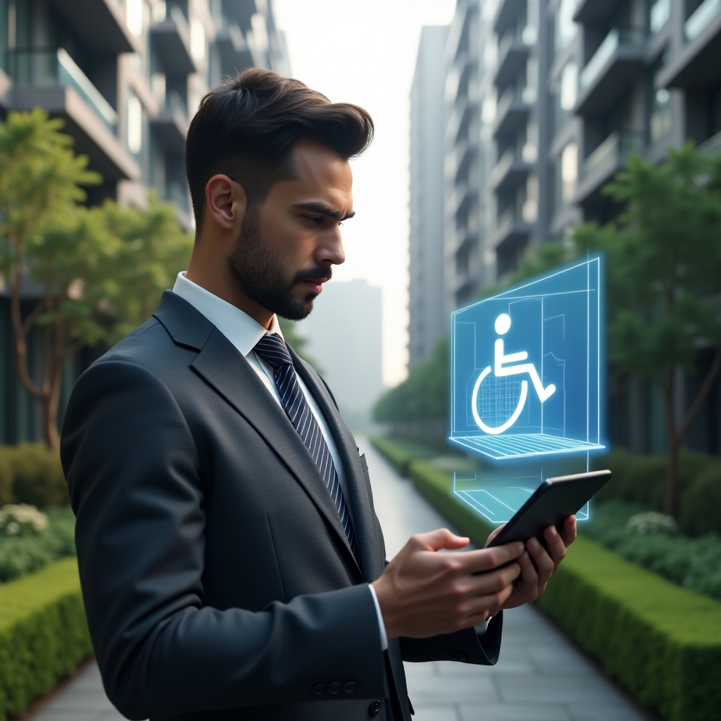 (Ultra-realistic condominium manager in a charcoal-gray tailored business suit, set in a modern luxury condominium environment with high-rise buildings and lush green landscaping, examining a holographic wheelchair ramp design projected above a tablet with accessibility icon, thoughtful and confident expression, cinematic lighting, shallow depth of field, highly detailed textures, realistic skin, photographic realism, 8k resolution --ar 1:1 --v 6)