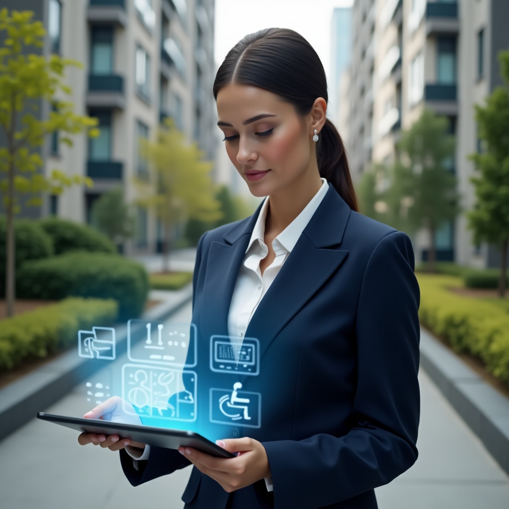 (Ultra-realistic female condominium manager in a tailored navy suit, set in a modern luxury condominium environment with high-rise buildings and well-manicured green spaces, inspecting a wheelchair ramp while holding a tablet projecting holographic accessibility symbols like a wheelchair icon and braille panels, confident and empathetic expression, cinematic lighting, shallow depth of field, highly detailed textures, realistic skin, photographic realism, 8k resolution --ar 1:1 --v 6)