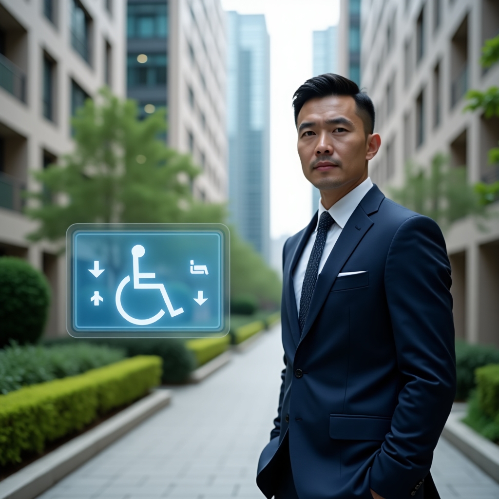 (Ultra-realistic condominium manager wearing a tailored navy business suit, set in a modern luxury condominium environment with high-rise buildings and manicured green landscaping, inspecting a newly installed ramp while a floating hologram displays accessibility icons and wheelchair symbols, confident and thoughtful expression, cinematic lighting, shallow depth of field, highly detailed textures, realistic skin, photographic realism, 8k resolution --ar 1:1 --v 6)