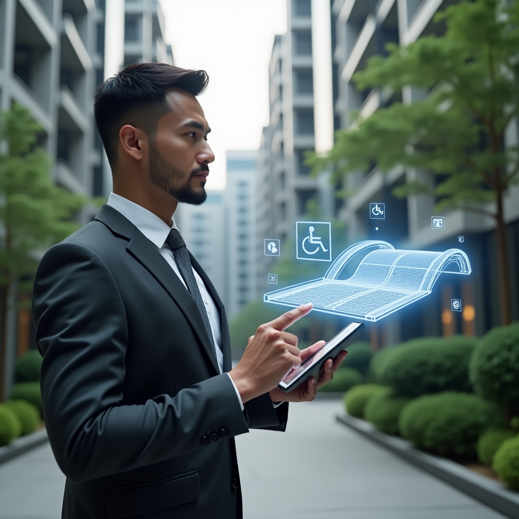 (Ultra-realistic condominium manager in a dark gray suit, set in a modern luxury condominium environment with high-rise buildings and lush green landscaping, pointing to a floating 3D holographic ramp and tactile paving blueprint while holding a digital tablet, holographic universal accessibility icons (wheelchair symbol, braille dots) hovering nearby, confident and focused expression, cinematic lighting, shallow depth of field, highly detailed textures, realistic skin, photographic realism, 8k resolution --ar 1:1 --v 6)