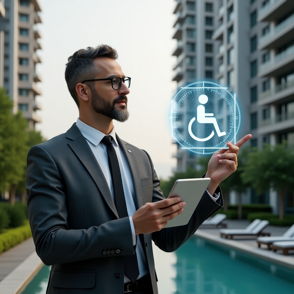 Ultra-realistic condominium manager in a charcoal grey suit, set in a modern luxury condominium environment with high-rise buildings and lush green landscaping, holding a digital tablet and pointing at a floating holographic wheelchair accessibility icon over a floor plan, conveying confidence and inclusivity, cinematic lighting, shallow depth of field, highly detailed textures, realistic skin, photographic realism, 8k resolution --ar 1:1 --v 6