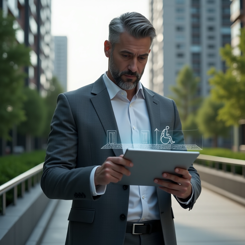 (Ultra-realistic condominium manager in a charcoal grey suit, set in a modern luxury condominium environment with high-rise buildings and lush green landscaping, standing by an accessibility ramp while reviewing a holographic blueprint of tactile paving and universal access elevator icons on a tablet, confident and thoughtful expression, cinematic lighting, shallow depth of field, highly detailed textures, realistic skin, photographic realism, 8k resolution --ar 1:1 --v 6)