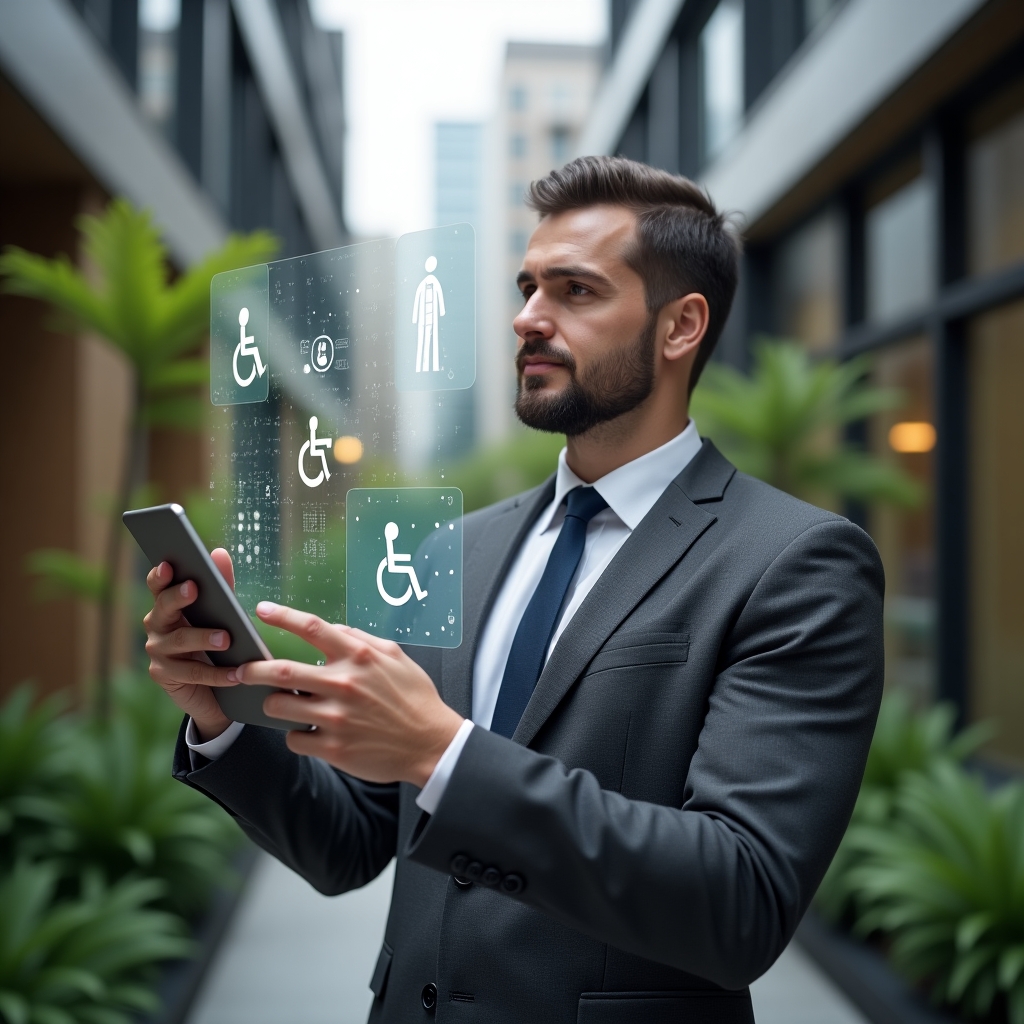 (Ultra-realistic condominium manager in a charcoal gray tailored suit, set in a modern luxury condominium environment with high-rise buildings and lush green landscaping, confidently holding a tablet projecting holographic accessibility icons (wheelchair ramp, tactile flooring, braille signage) while pointing at the display as if explaining inclusive design, cinematic lighting, shallow depth of field, highly detailed textures, realistic skin, photographic realism, 8k resolution --ar 1:1 --v 6)